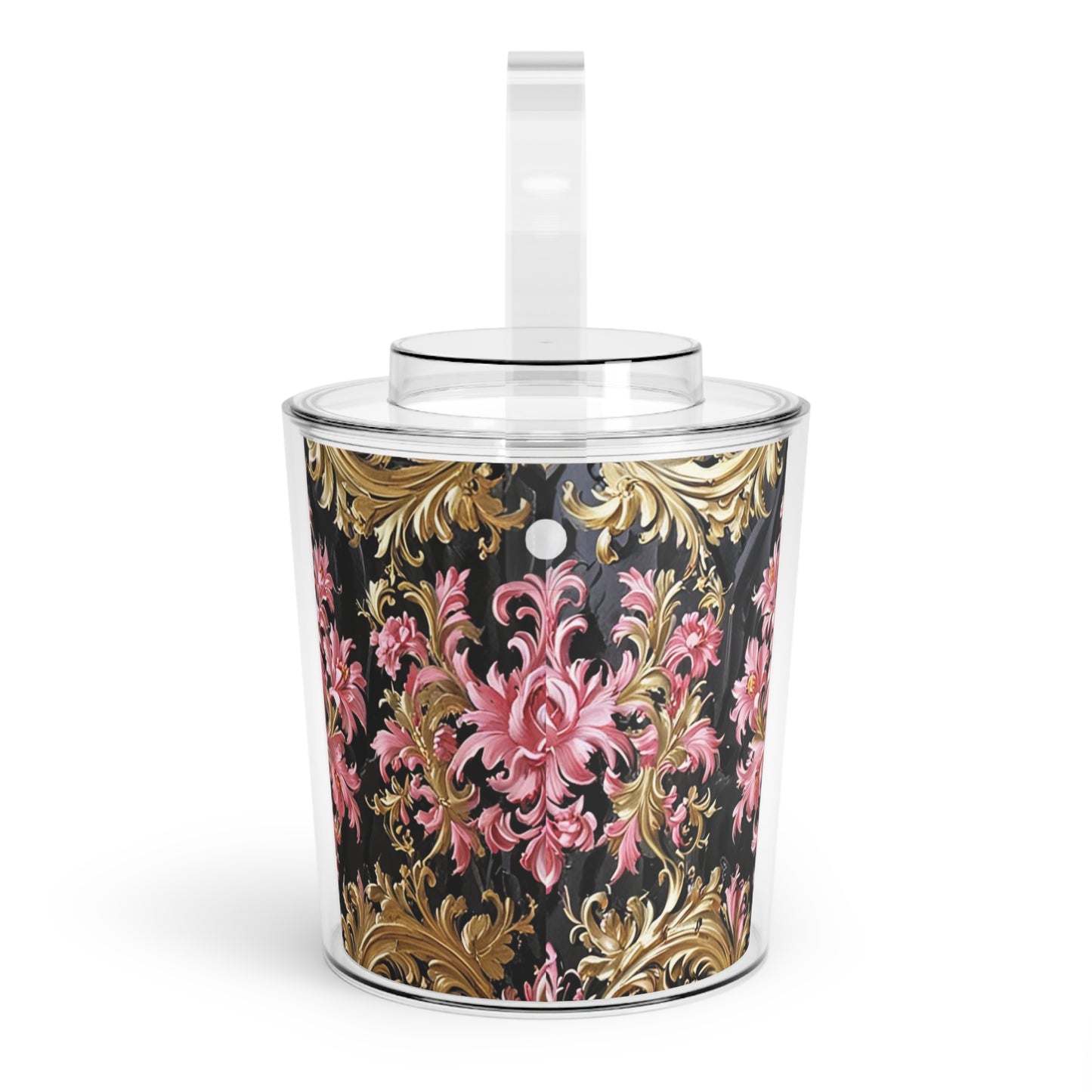 Elegant Floral Ice Bucket with Tongs, Party Accessories, Home Bar Decor, Wine Cooler, Wedding Gift - Black & Pink Oil Painting Style Rococo