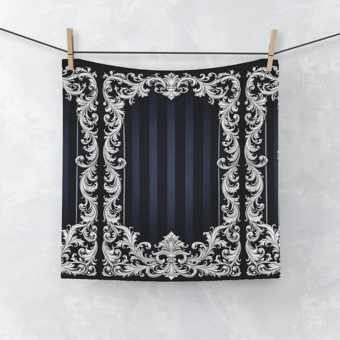 Navy Stripes & Baroque Face Towel — Elegant Navy & Silver Decorative Washcloth