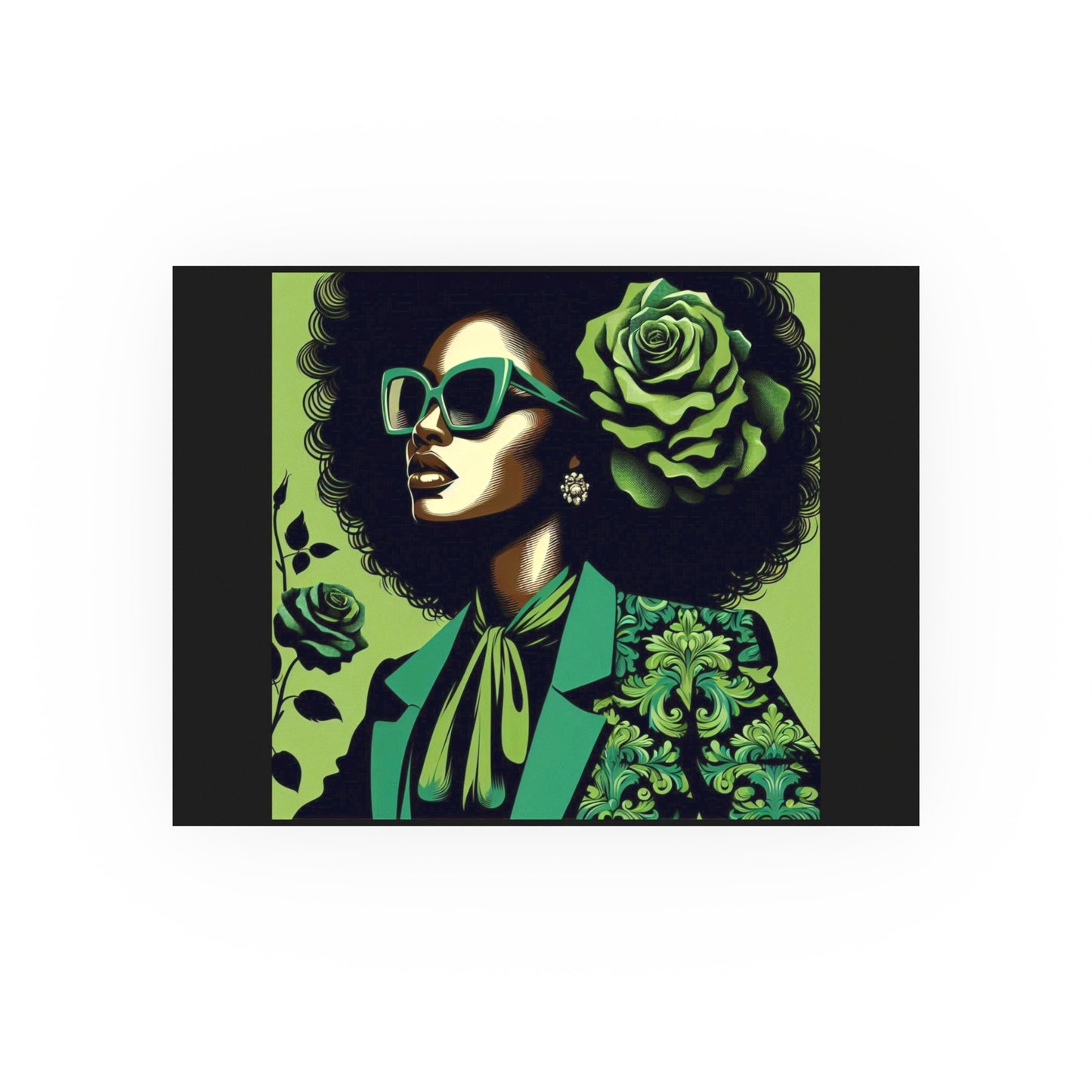 Chic Afrocentric Art Poster, Vibrant Wall Décor, Stylish Home Decoration, Damask Chic Art Print - Lady In Green Damask