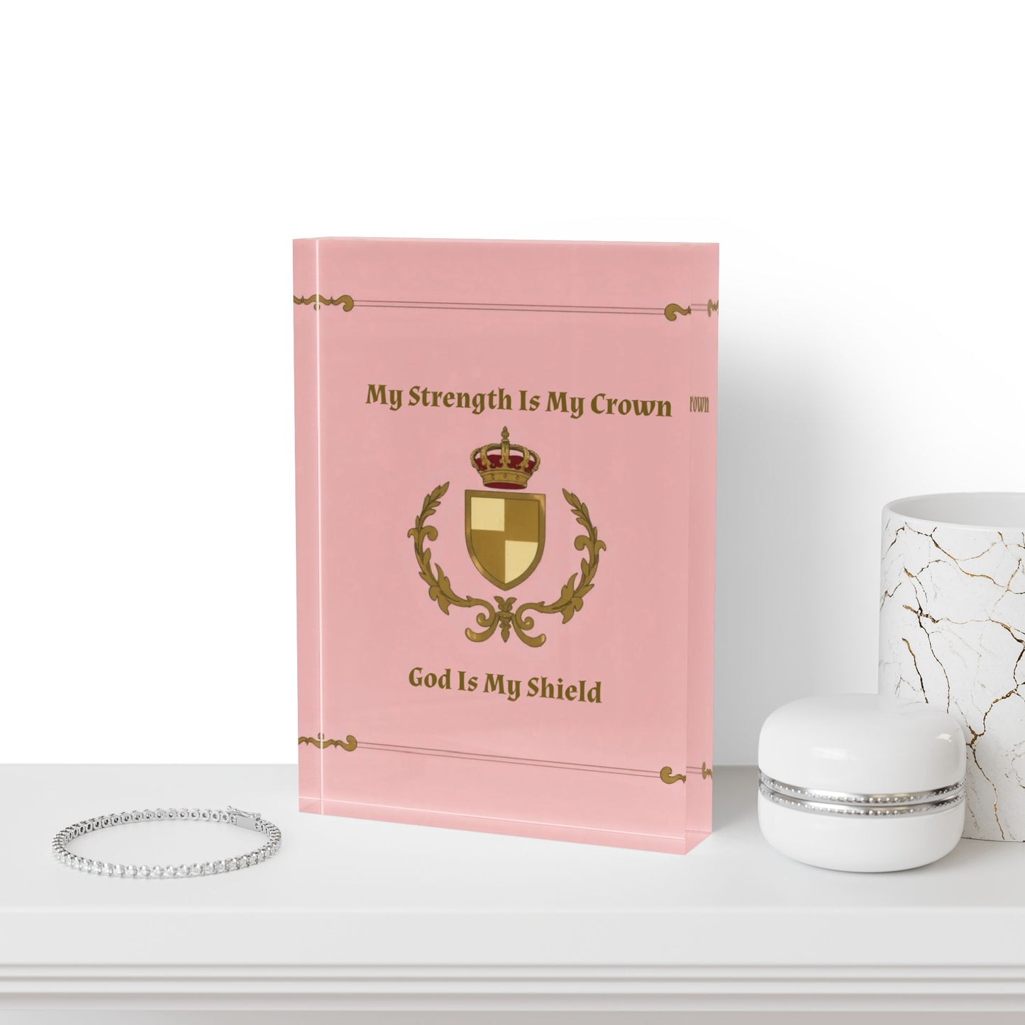 Crown & Crest Spiritual Quote Inspirational Photo Block - My Strength Is My Crown, God Is My Shield | Home Decor, Gift for Friends, Office Desk