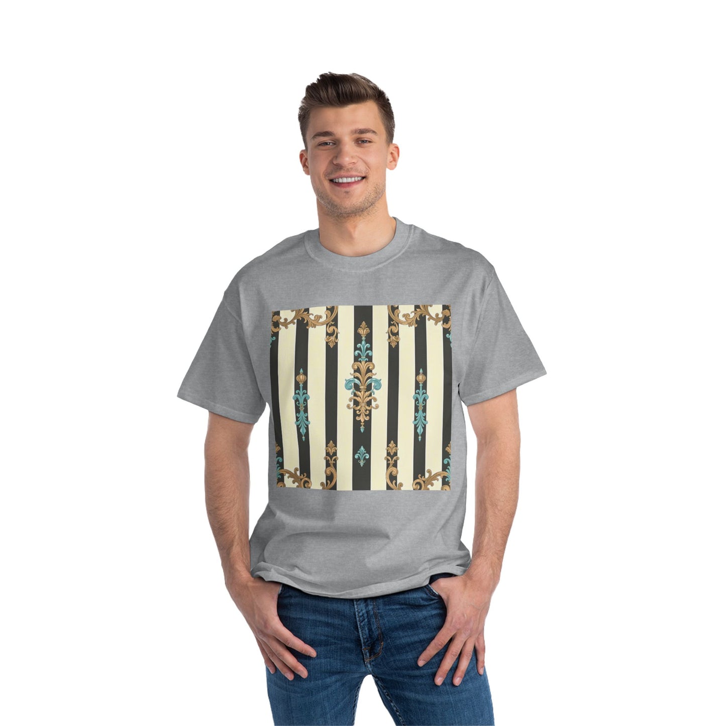 Elegant Floral Pattern Tee, Vintage Style T-Shirt, Gift for Her, Casual Outfit - Black Striped Turquoise & Black Rococo