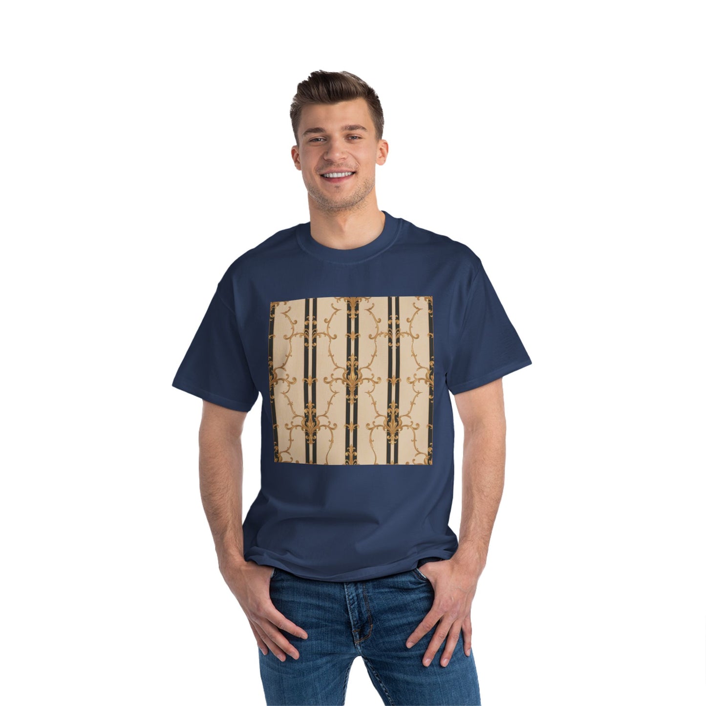 Stylish Graphic Tee for Casual Wear, Fashionable Short-Sleeve Shirt, Unique Summer Top - Black & Beige Striped Damask
