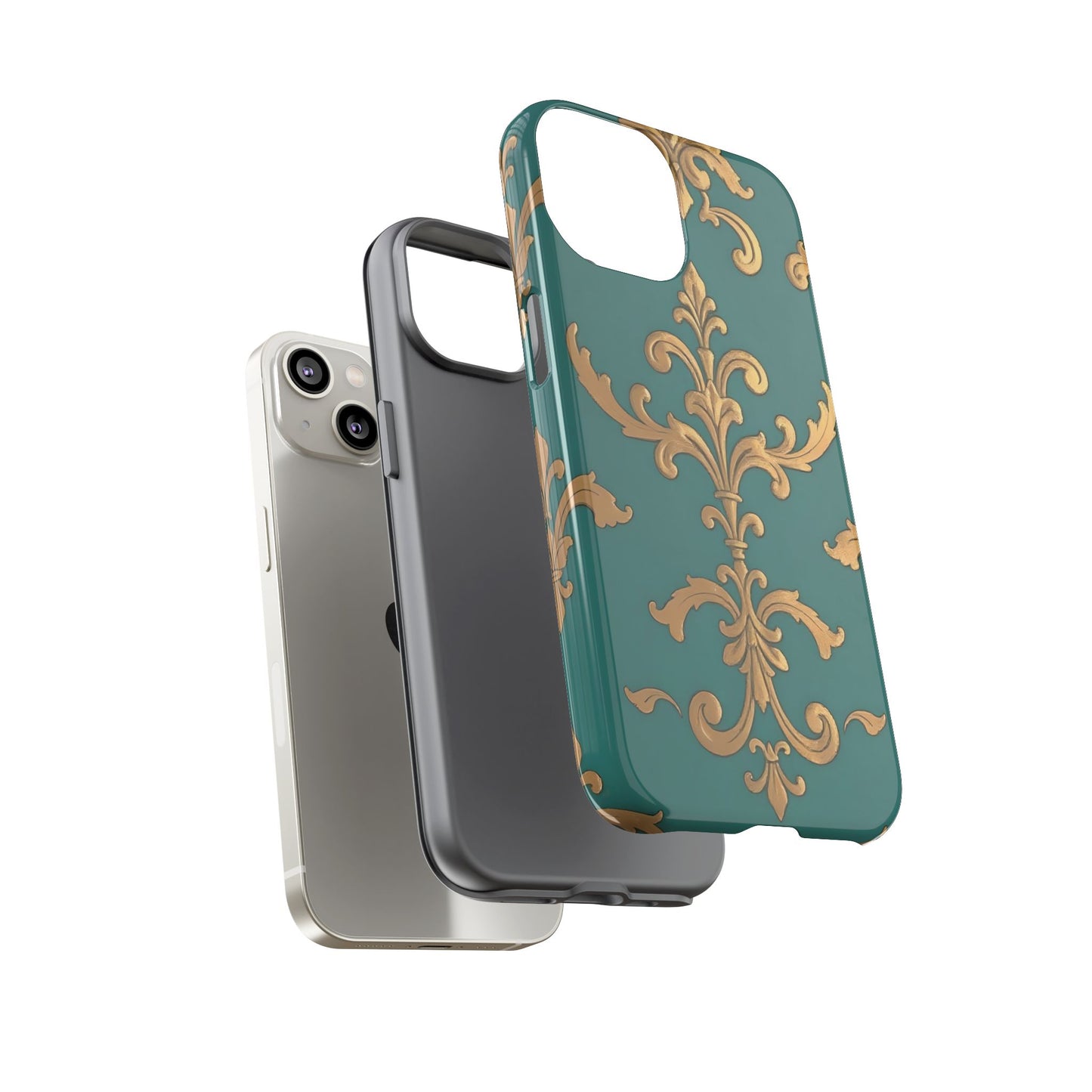 Elegant Floral Motif Phone Case - Tough Cases with Vintage Design - Aqua & Gold Damask