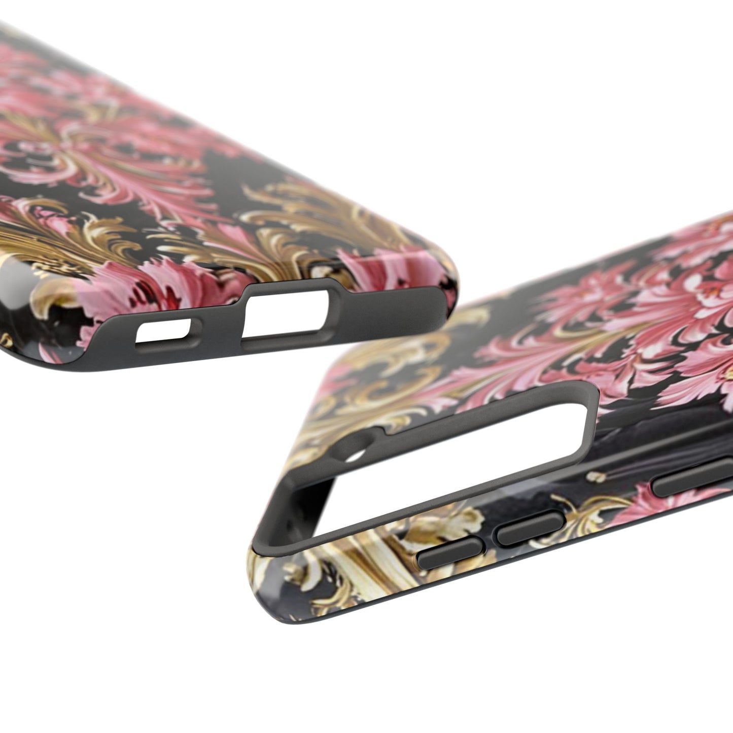 Elegant Floral Tough Phone Cases | Stylish Protection for Her | Gift for Birthdays - Black & Pink Oil Painting Style Rococo