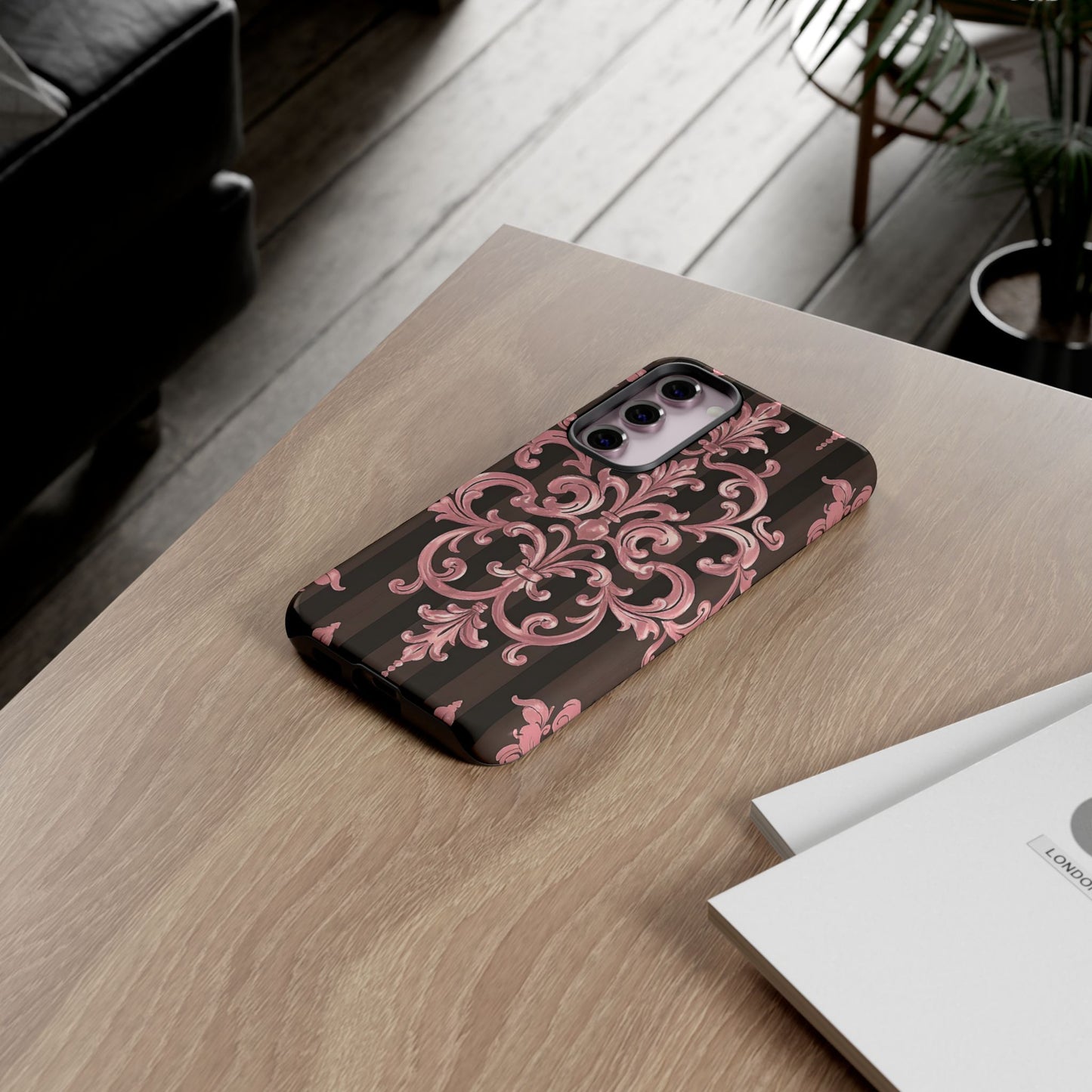 Elegant Floral Motif Phone Case - Tough Cases with Vintage Design - Brown Striped Mauve Damask