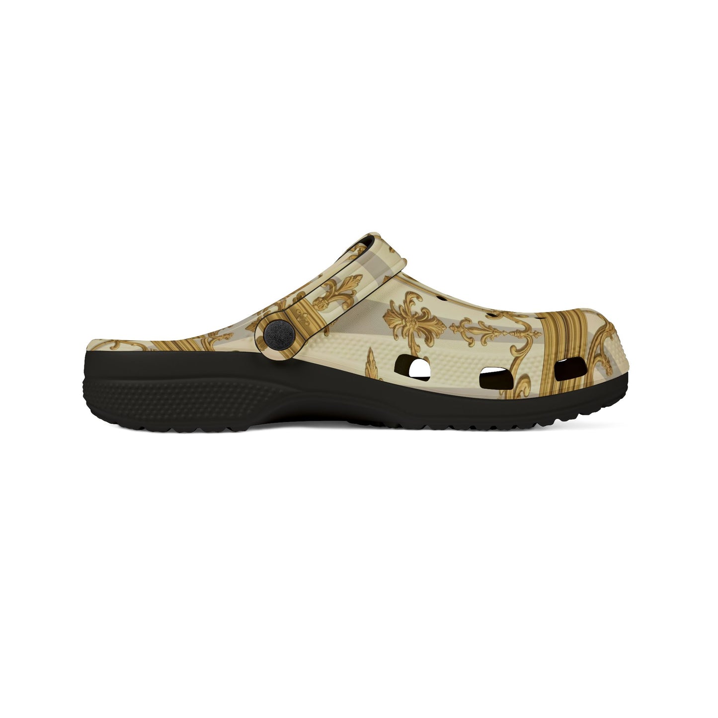 Elegant AOP EVA Foam Rubber Shoes for Home, Indoor Use, Garden, Stylish Comfort Footwear - Matte Gray & Cream Striped Gold Baroque