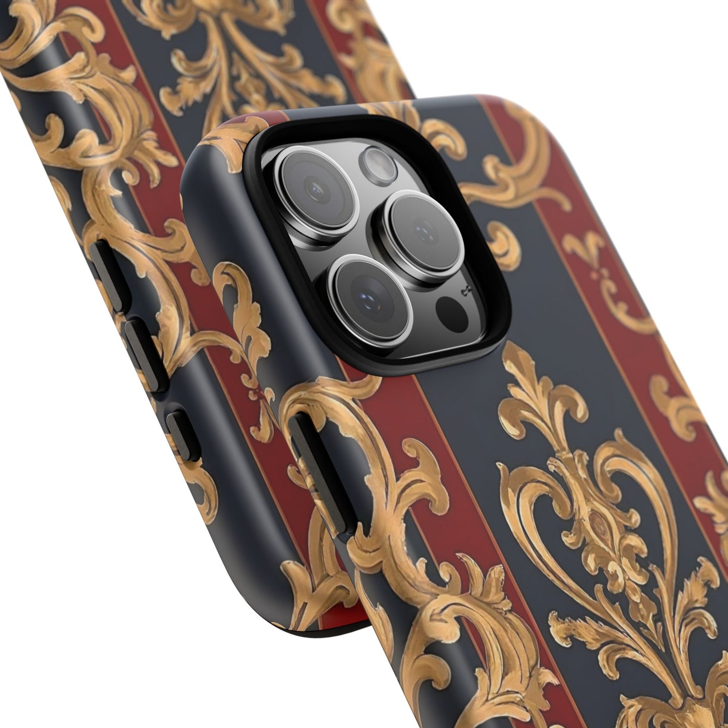 Elegant Floral Motif Phone Case - Tough Cases with Vintage Design - Midnight Blue & Dusk Red Striped Gold Damask
