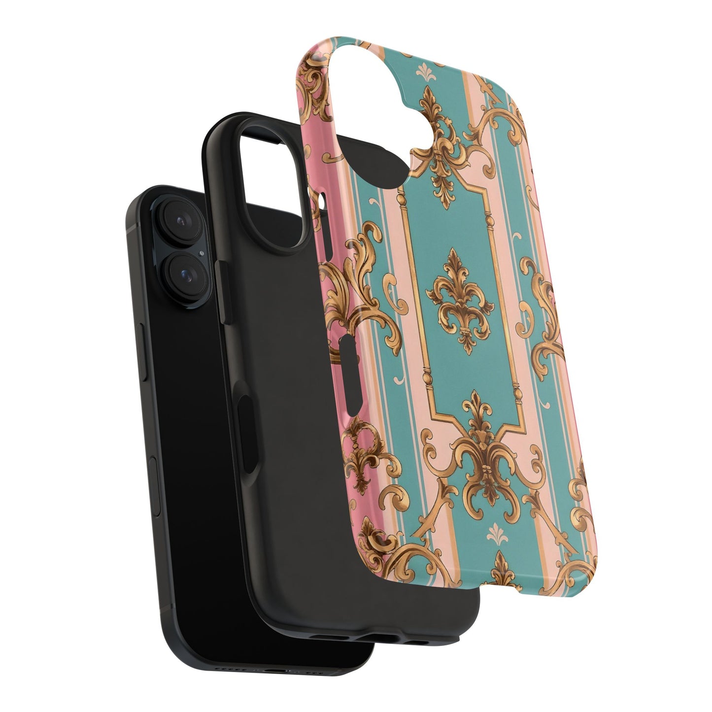 Elegant Floral Tough Phone Case, Artistic Phone Cover, Gift for Her, Chic Phone Accessory - Pink & Matte Turquoise Striped Rococo