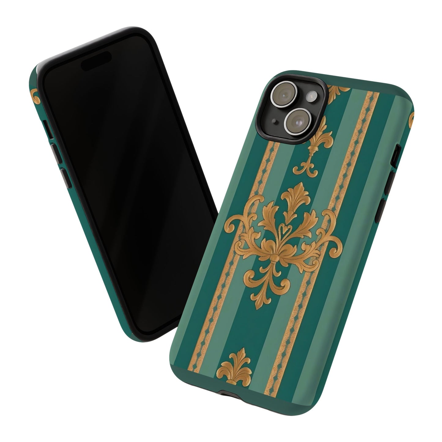 Elegant Floral Motif Phone Case - Tough Cases with Vintage Design - Teal Striped Gold Damask