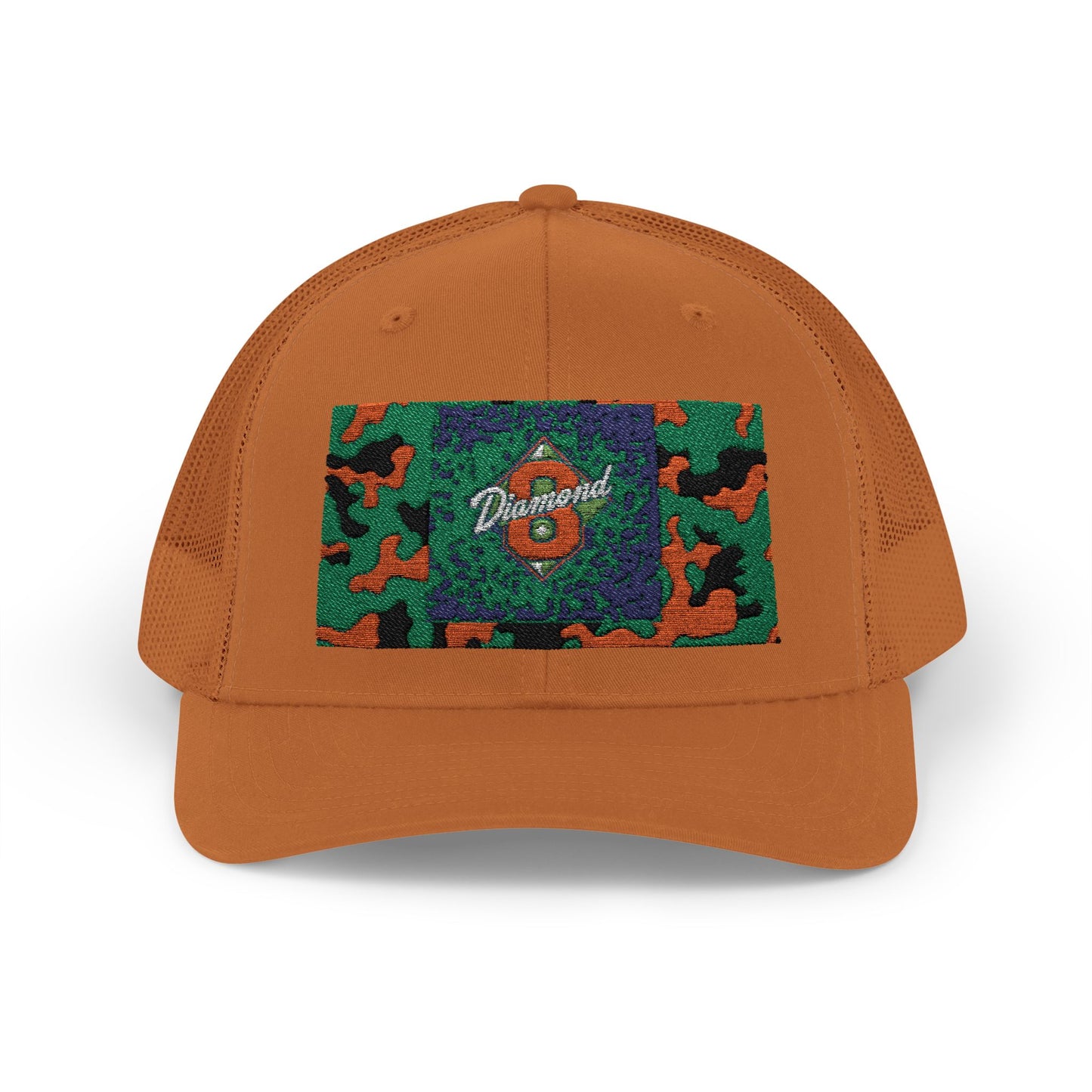 Colorful Camouflage Snapback Trucker Cap, Casual Hat, Outdoor Gear, Unisex Headwear, Gift for Him/Her - Green & Orange Camo Diamond 8