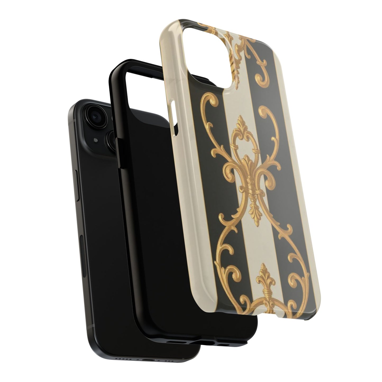 Elegant Black & Alabaster Striped Baroque Tough Phone Cases - Chic Protection, Black Gold Decor, Stylish Accessory, Gift for Her, Trendy Tech