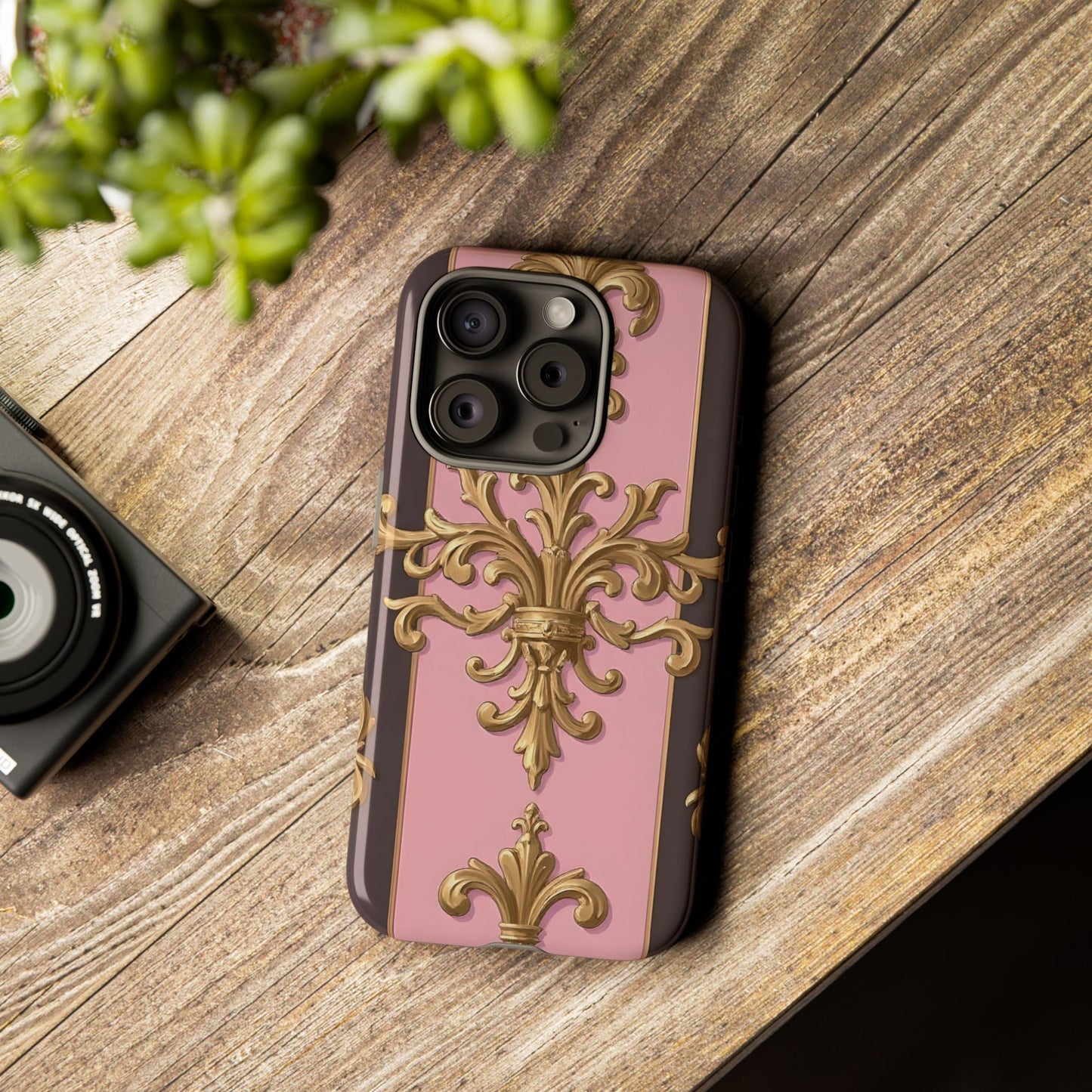 Elegant Floral Motif Phone Case - Tough Cases with Vintage Design - Pink & Brown Striped Gold Damask