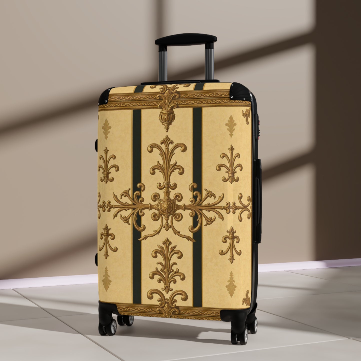 Elegant Travel Suitcase with Vintage Design, Stylish Luggage for Travelers, Vacation Essentials - Matte Yellow Striped Antique Rococo