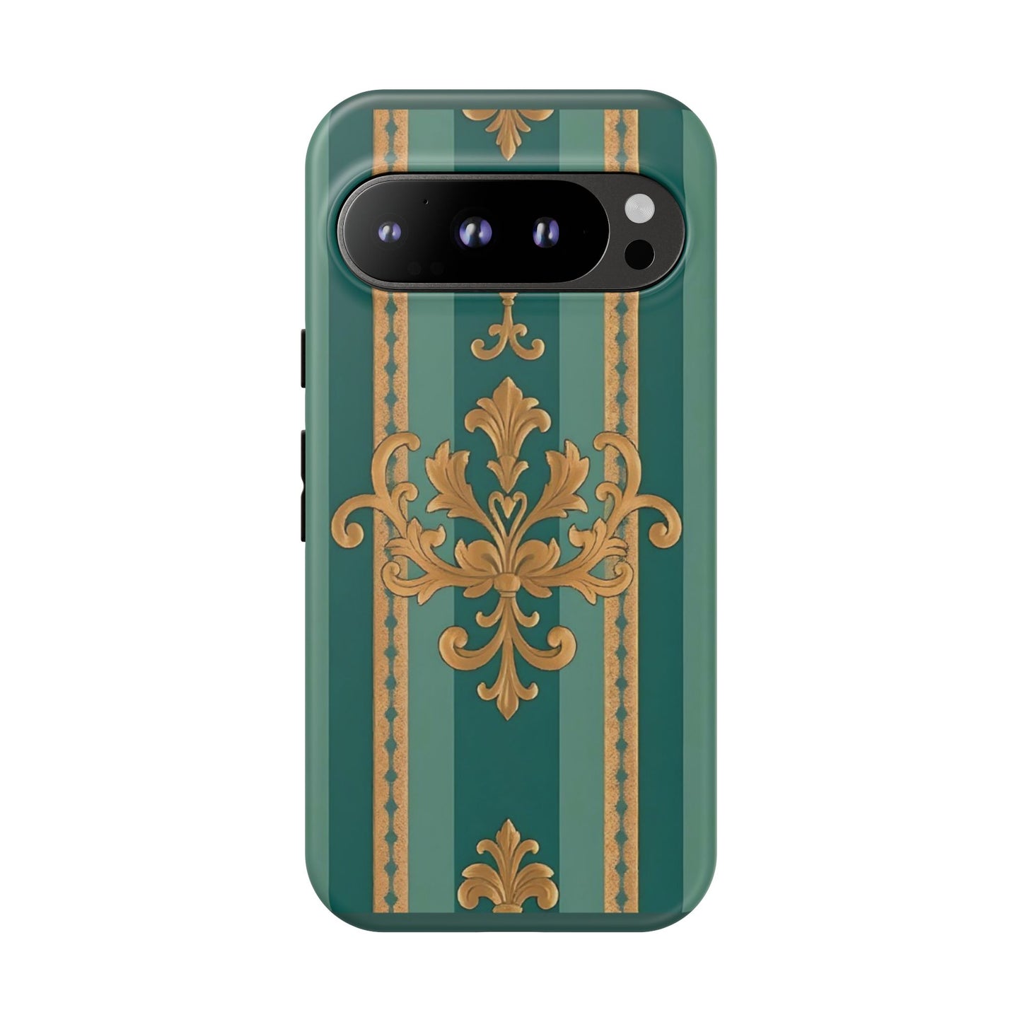 Elegant Floral Motif Phone Case - Tough Cases with Vintage Design - Teal Striped Gold Damask
