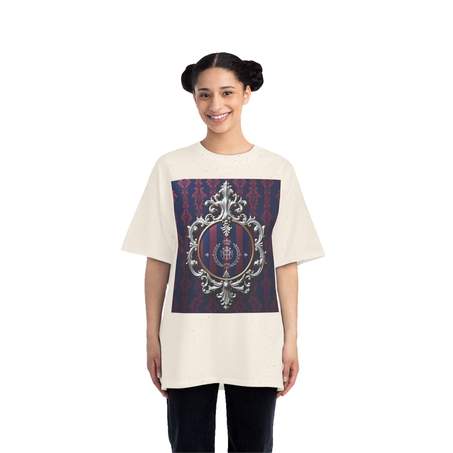 Elegant Unisex Graphic T-Shirt - Vintage Inspired, Casual Wear, Unique Gift, Art Tee, Fashion Statement - Blue & Plum Striped Silver Crest