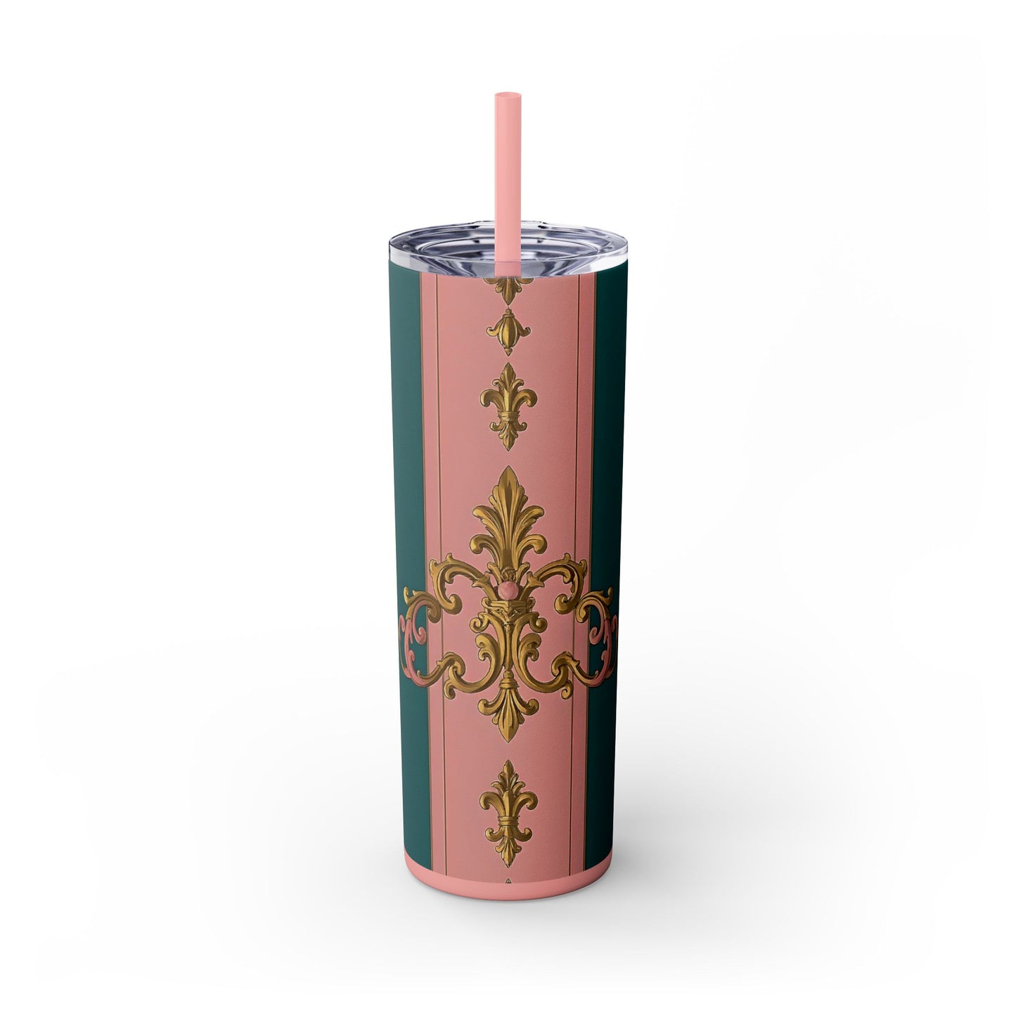 Elegant Pink and Green Skinny Tumbler with Straw, 20oz - Ideal for Gifts, Travel, Home, Events - Pink & Teal Striped Gold Baroque