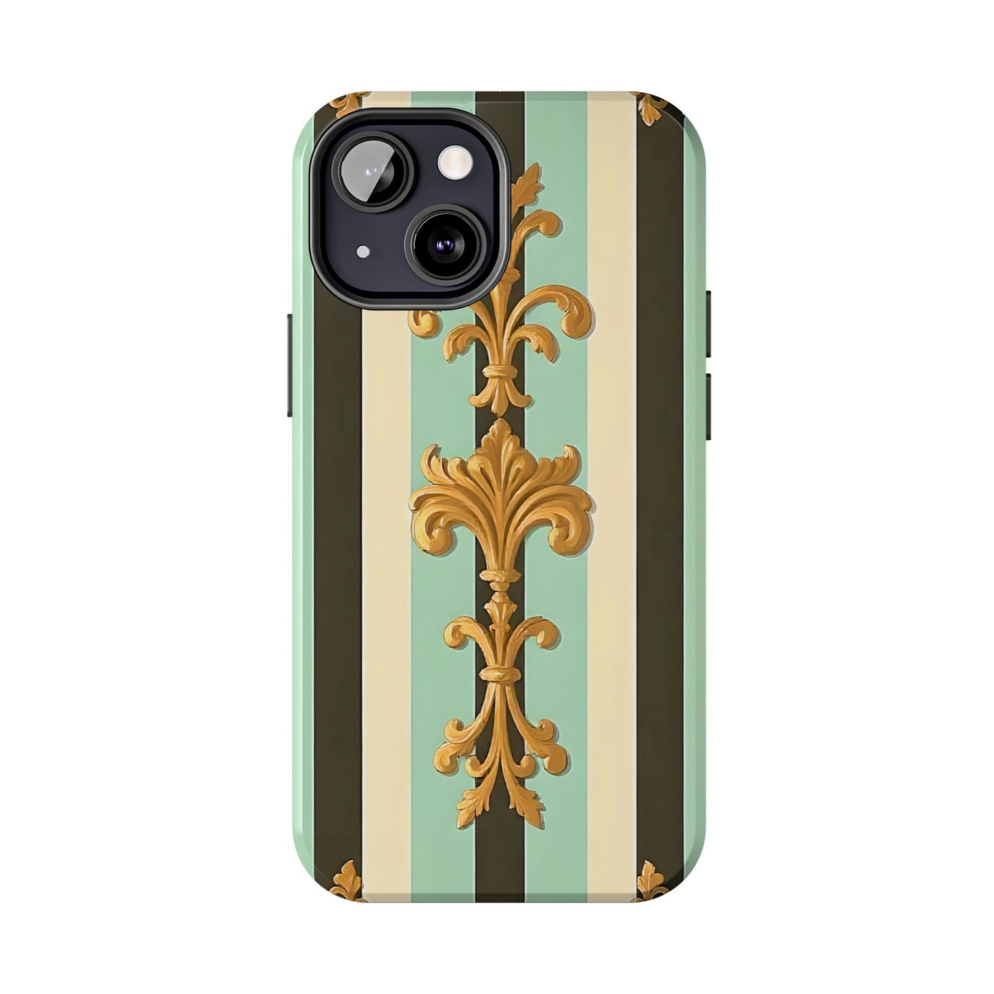Elegant Floral Tough Phone Cases - Stylish Protection for All Occasions, Gifts for Her, Phone Covers - Black & Matte Mint Striped Rococo