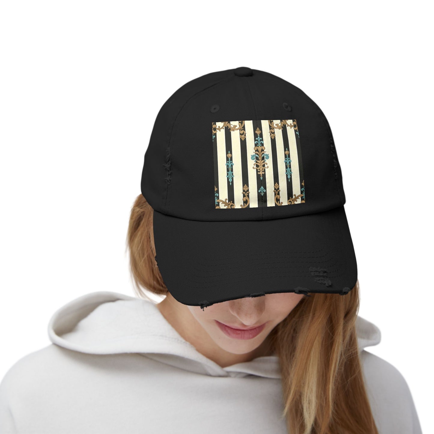 Trendy Distressed Cap for Fashion Lovers, Casual Cap, Gift for Him, Gift for Her - Black Striped Turquoise & Black Rococo