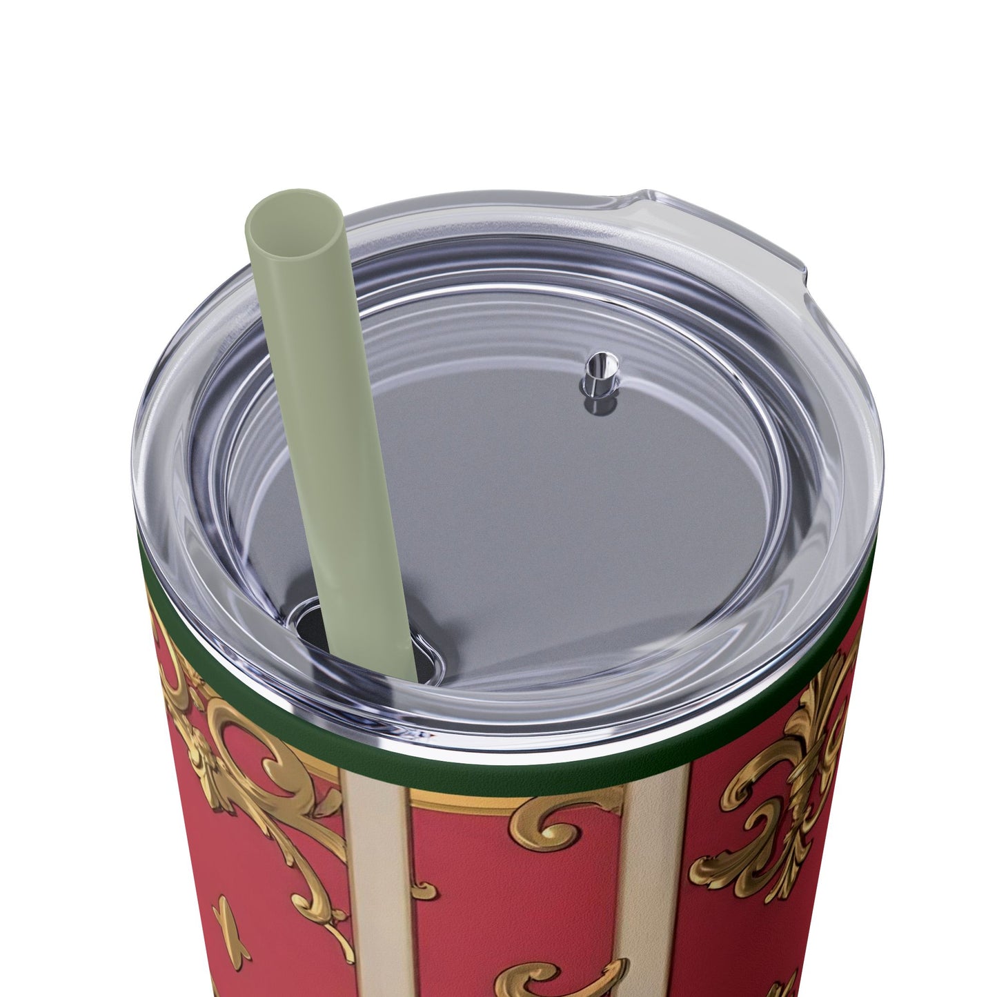 Elegant Green Border Pink Striped Baroque Skinny Tumbler with Straw, Reusable Travel Mug, Gift for Her, Fashionable Drinkware