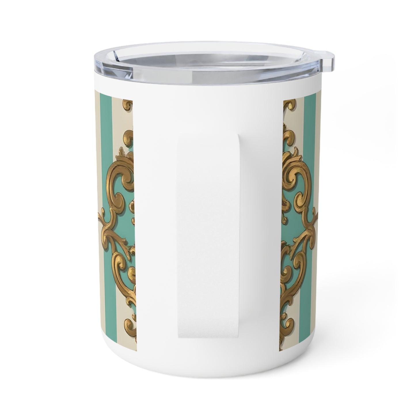 Chic Insulated Coffee Mug | Elegant Patterned Travel Cup, Tea Mug, Vintage Style Drinkware, Housewarming Gift - Matte Green Striped Rococo