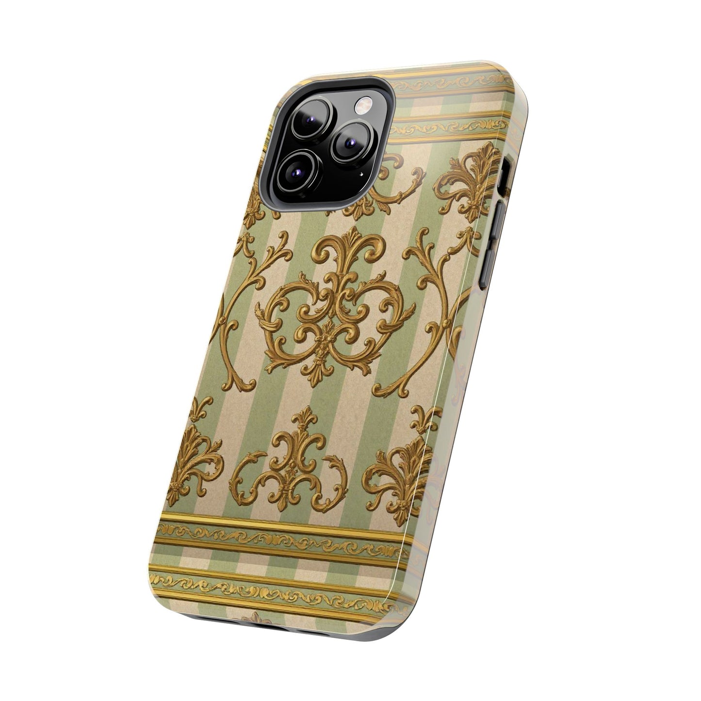 Vintage Elegance Phone Case, Tough Phone Cases for Style, Gift for Birthdays, Stylish Protection - Mint Green & Beige Striped Gold Baroque