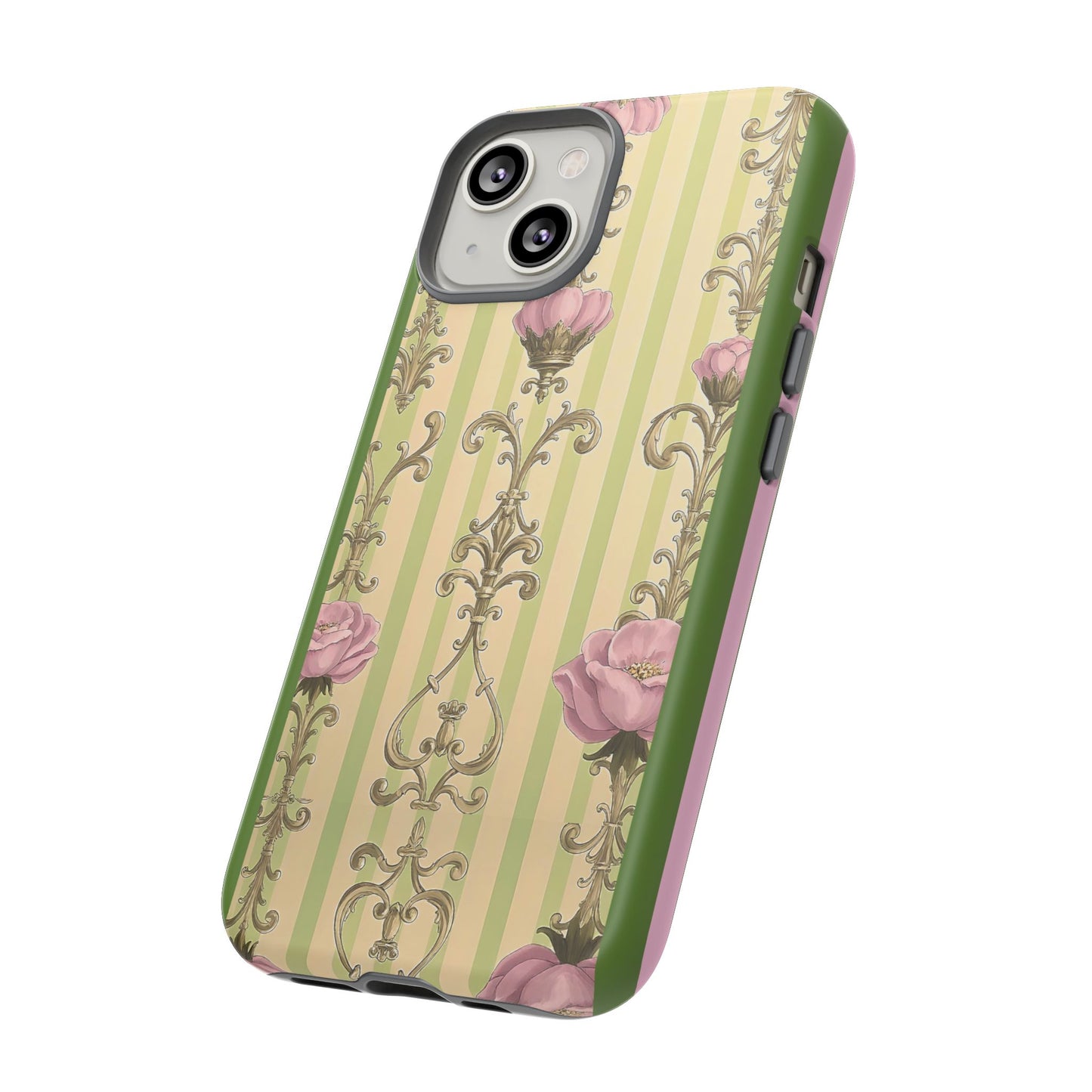 Elegant Floral Motif Phone Case - Tough Cases with Vintage Design - Lime Green & Pink Striped Damask