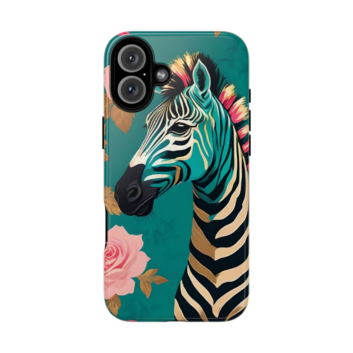 Phone Case - Elegant Teal & Gold Zebra & Roses Design
