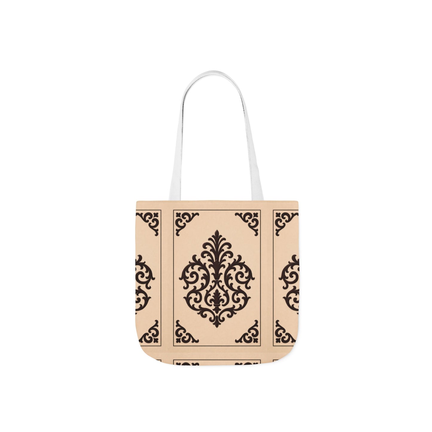 Almond-Beige & Brown Baroque Canvas Tote Bag — Elegant Vintage Pattern Beach & Market Bag