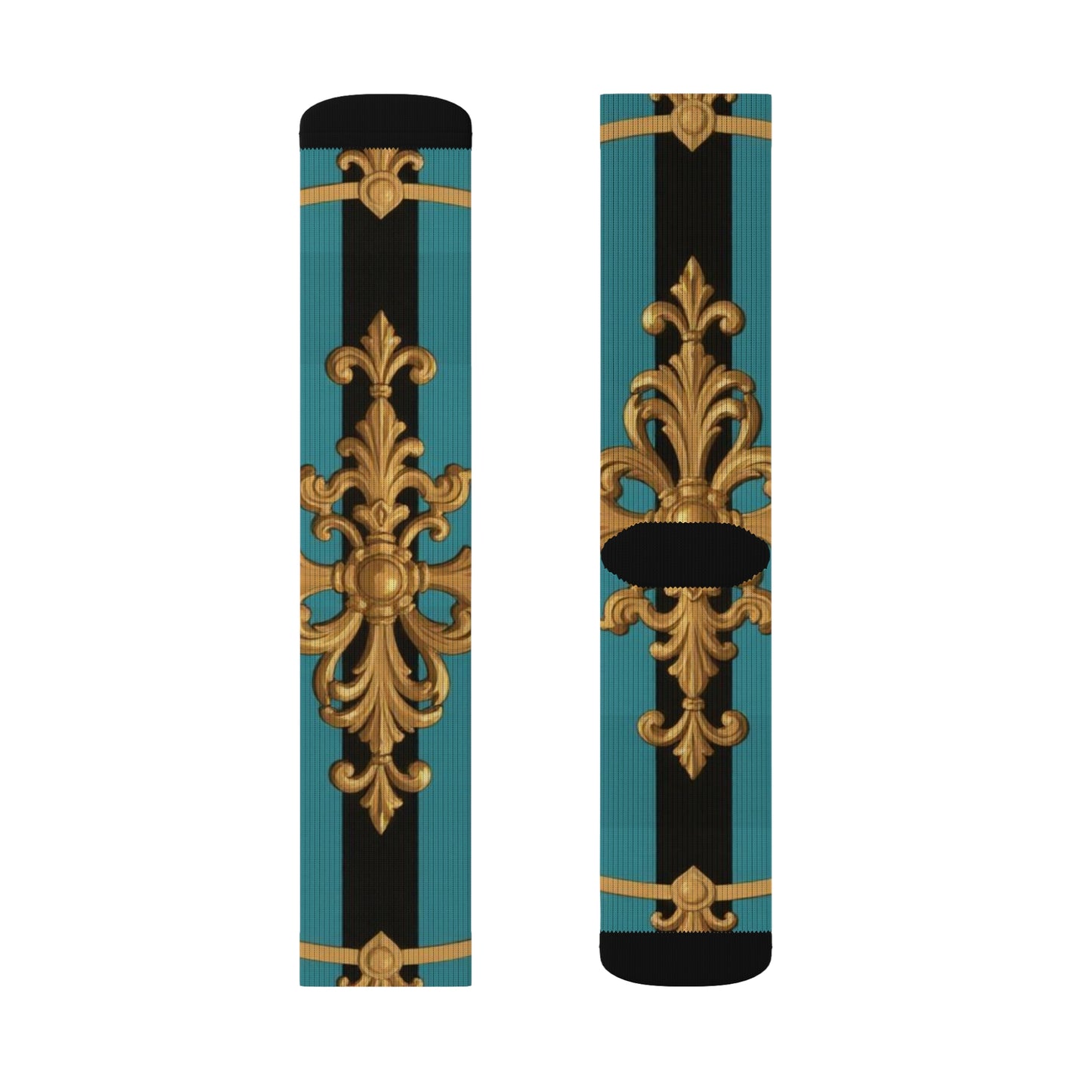 Elegant Turquoise & Black Striped Gold Baroque Patterned Unisex Sublimation Socks, Fashionable Socks, Unique Gift for Her & Him