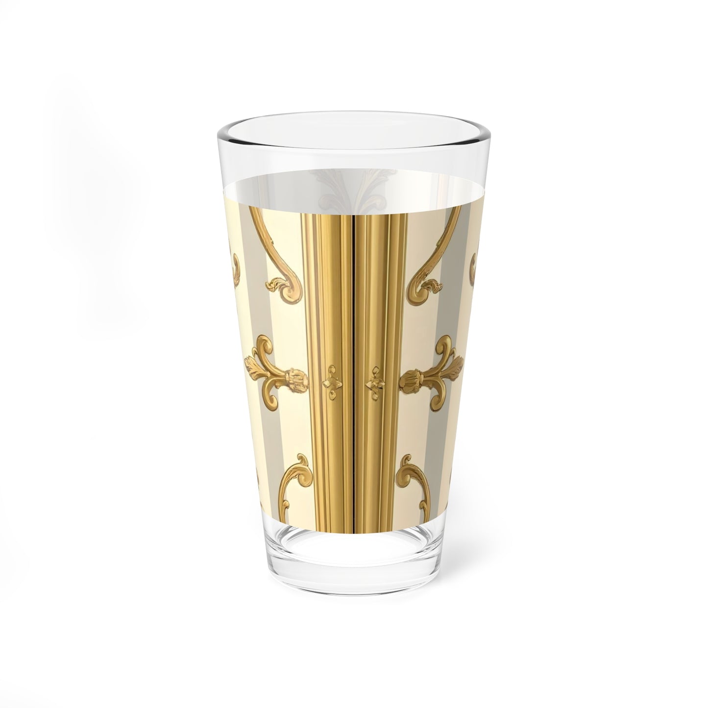 Elegant Mixing Glass, 16oz | Decorative Cocktail Glass, Luxe Home Bar Accessory, Gift for Hostess - Matte Gray & Cream Striped Gold Baroque