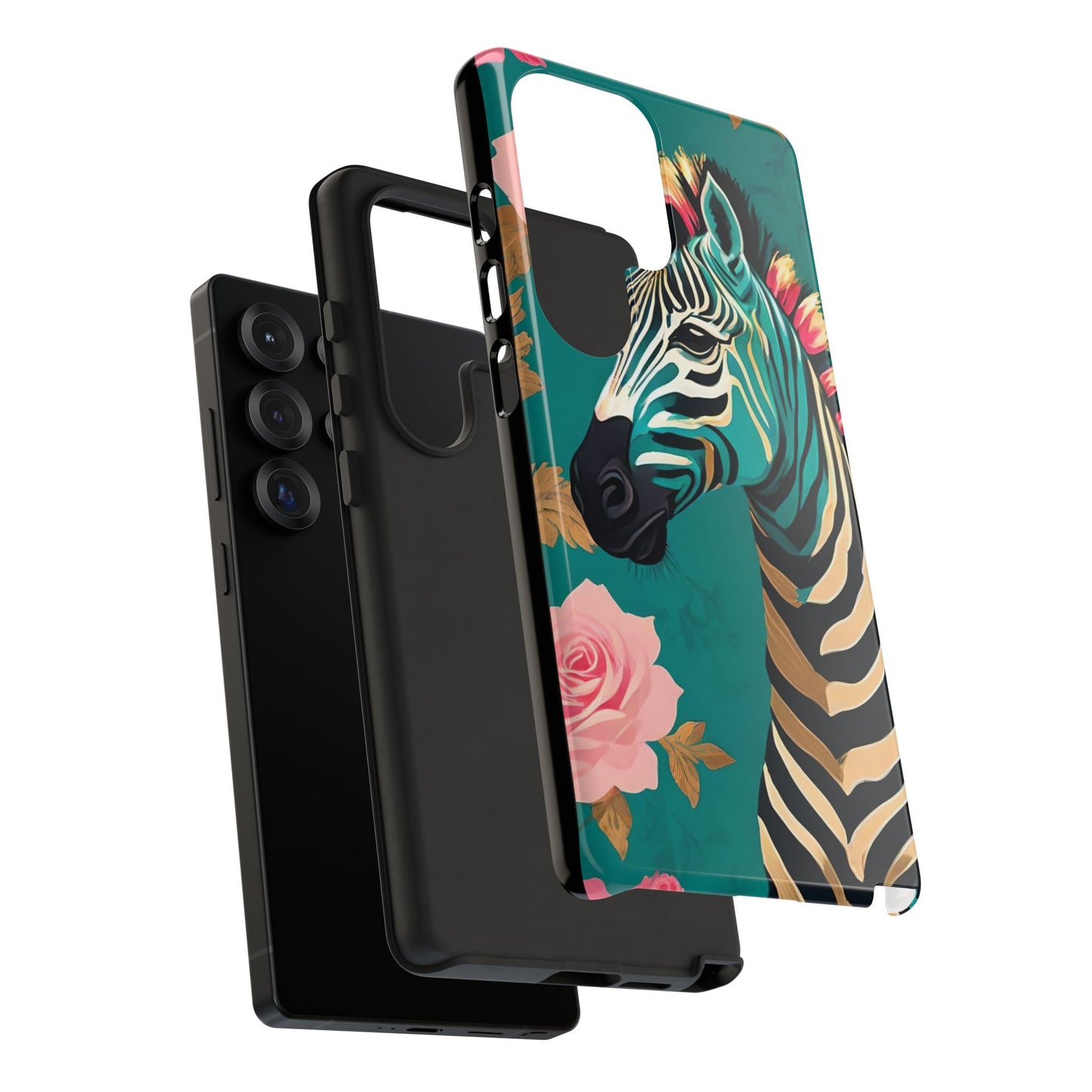 Phone Case - Elegant Teal & Gold Zebra & Roses Design