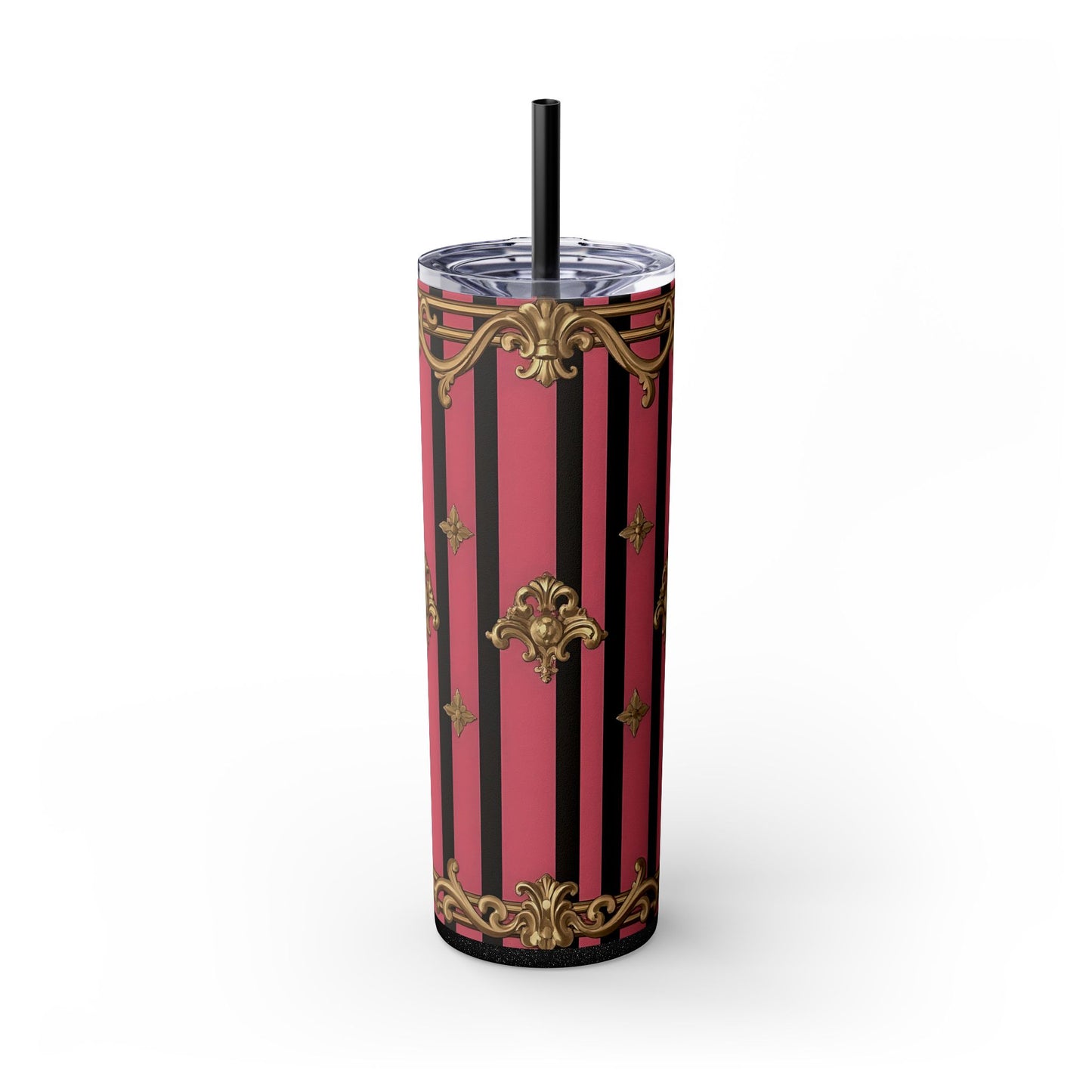 Elegant Pink Striped Skinny Tumbler with Straw, 20oz, Stylish Drinkware, Custom Gift Idea, Travel Mug, Wedding Gift - Pink Striped Gold Rococo