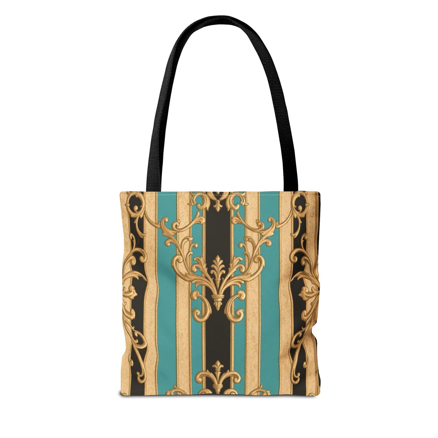 Elegant Black, Tan & Ocean Green Striped Gold Baroque Vintage Pattern Tote Bag, Stylish Carryall, Fashionable Handbag, Perfect Gift for Mother’s Day
