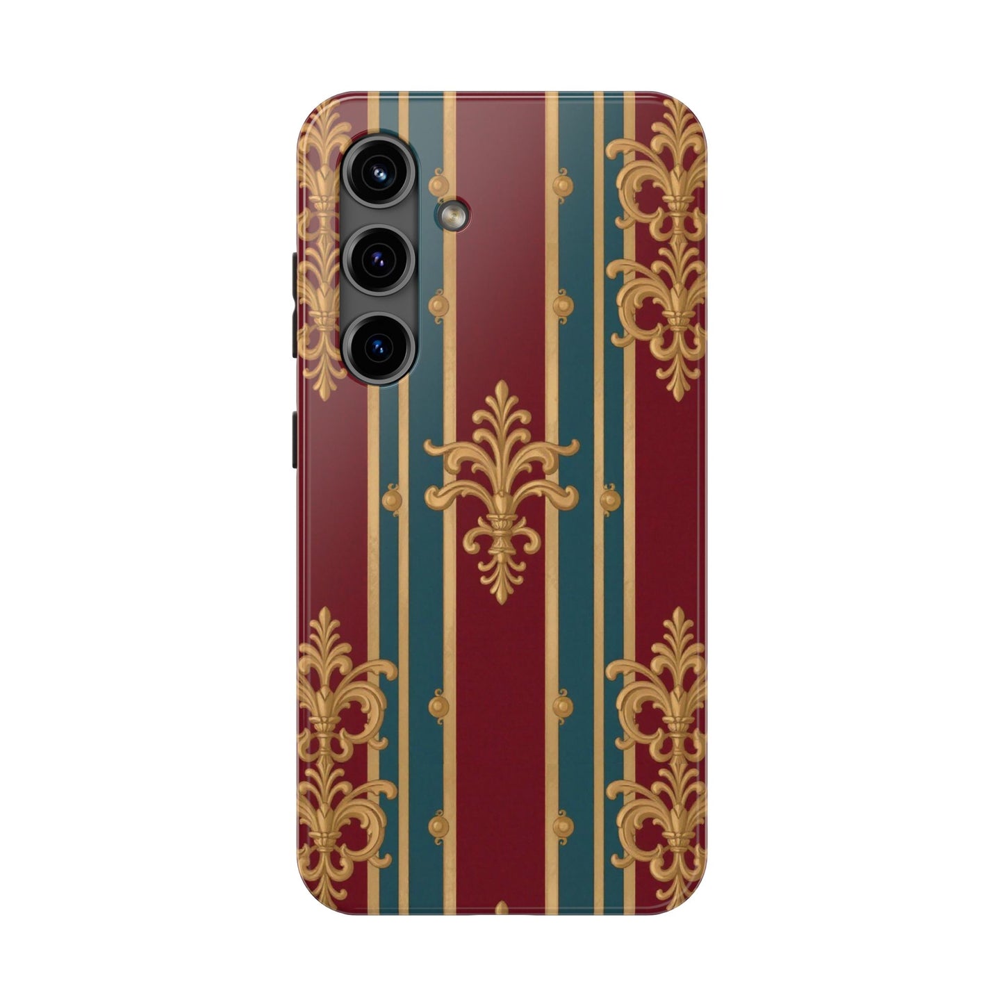 Elegant Vintage Tough Phone Case, Luxury Phone Protection, Stylish Phone Cover, Durable Phone Accessory - Burgundy Striped Gold Baroque