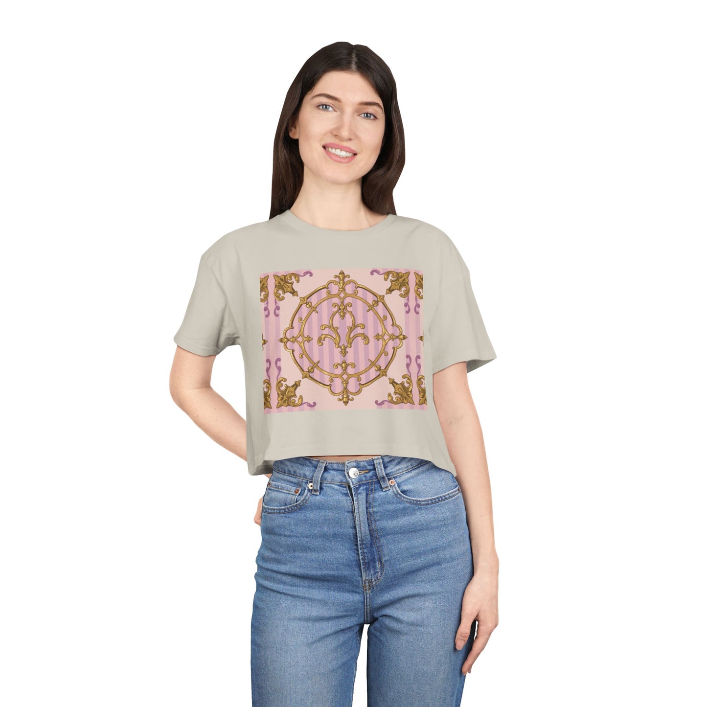 Chic Women's Crop Tee with Elegant Lavender & Alabaster Striped Gold Baroque Print - Perfect for Fashionistas, Festivals, Gifts, Summer Wear