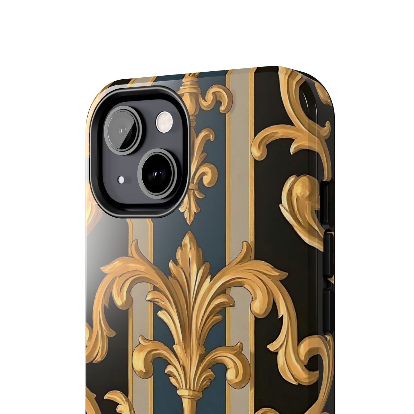 Elegant Rococo Phone Cases, Tough iPhone Case, Floral Design Case, Luxury Phone Cover - Blue & Black Striped Rococo