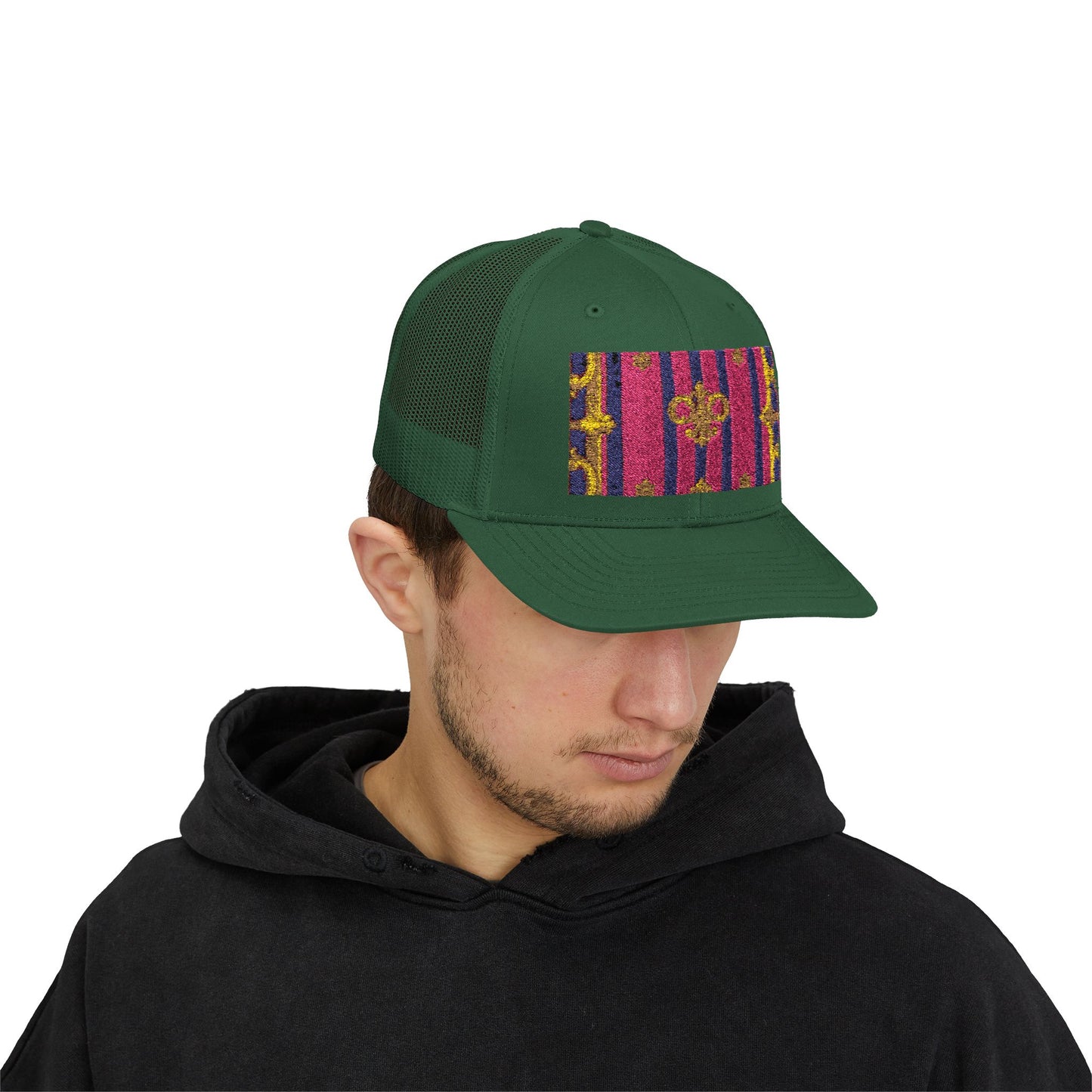 Vibrant Snapback Trucker Cap, Stylish Outdoor Hat, Trendy Fashion Accessory, Gift for Him or Her - Pink Striped Gold Baroque