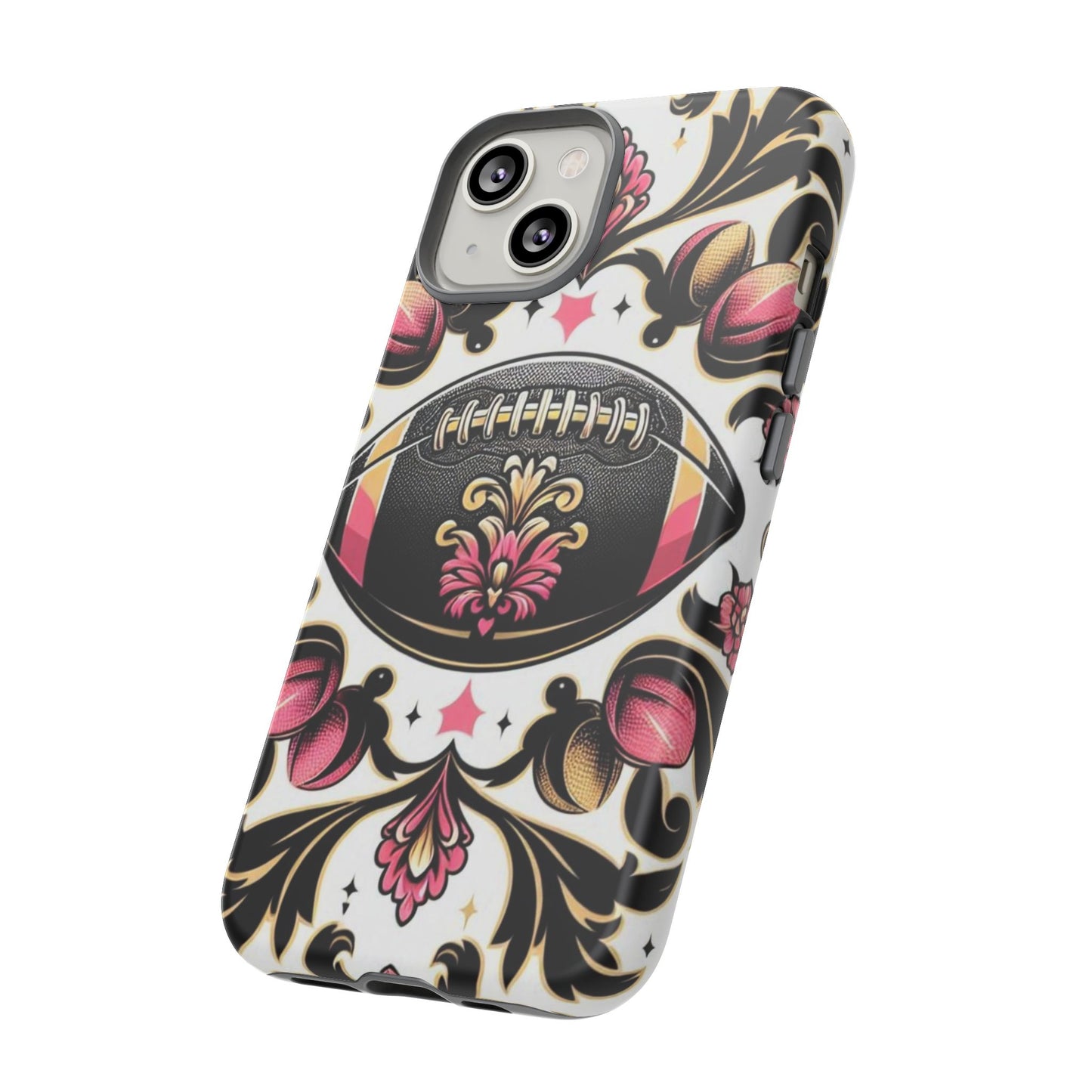 Elegant Floral Motif Phone Case - Tough Cases with Vintage Design - Damask White, Pink Gold & Black Football