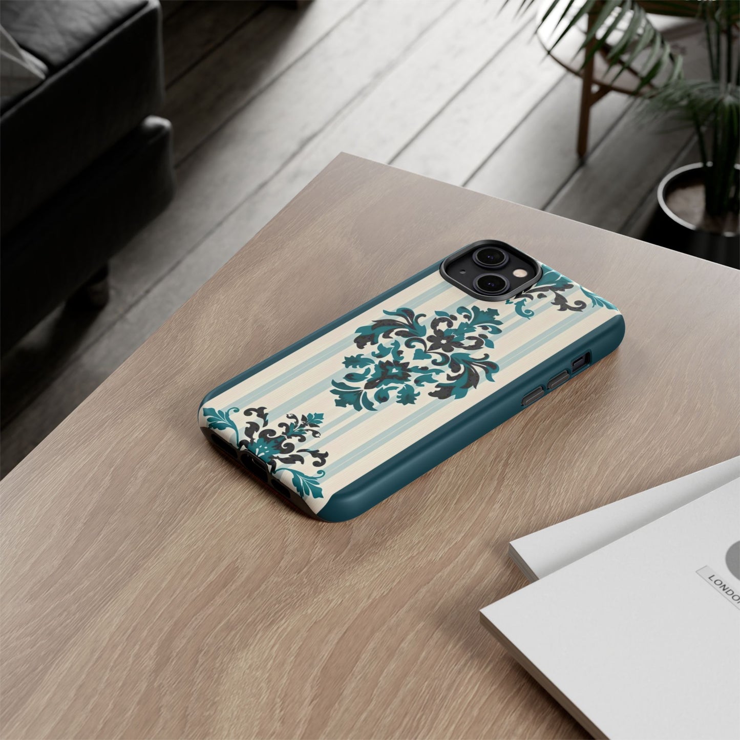 Elegant Floral Phone Case - Tough Cases with Vintage Design - Teal Striped Damask