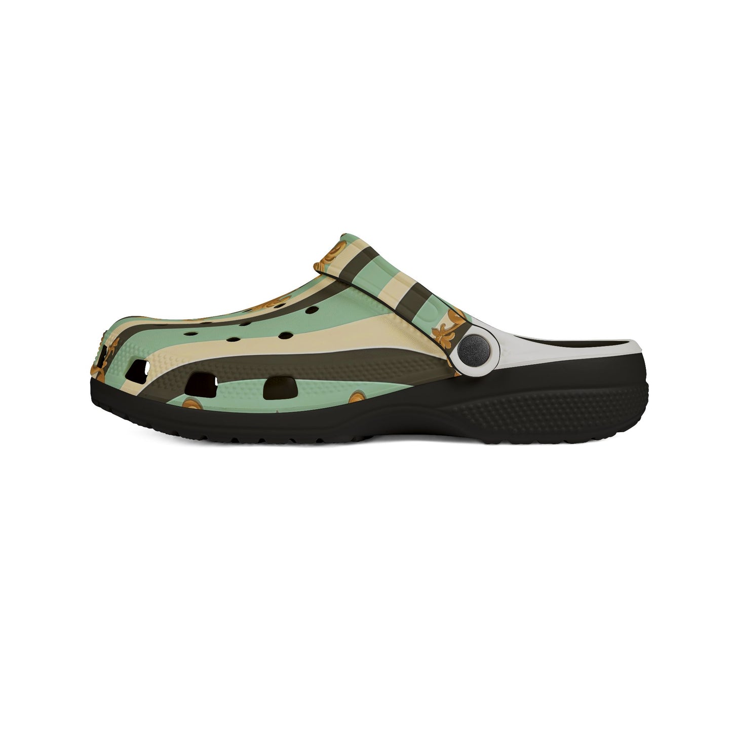 Stylish EVA Foam Rubber Shoes - Unique Printed Clogs for Comfort, Summer Footwear, Garden Use - Black & Matte Mint Striped Rococo