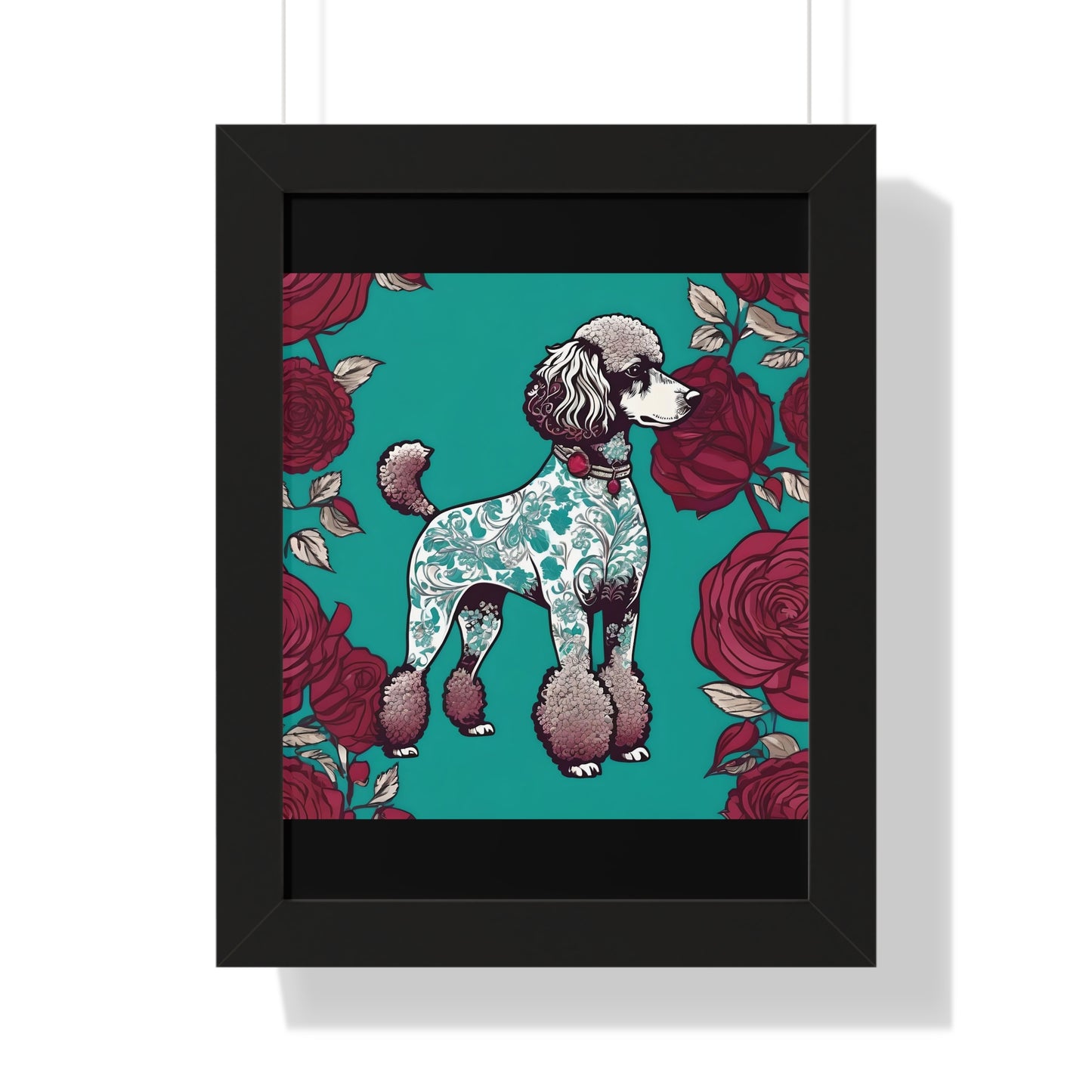 Vertical Poster - Stylish Framed - Art for Home Decor - Damask Aqua & White Poodle With Burgundy Roses