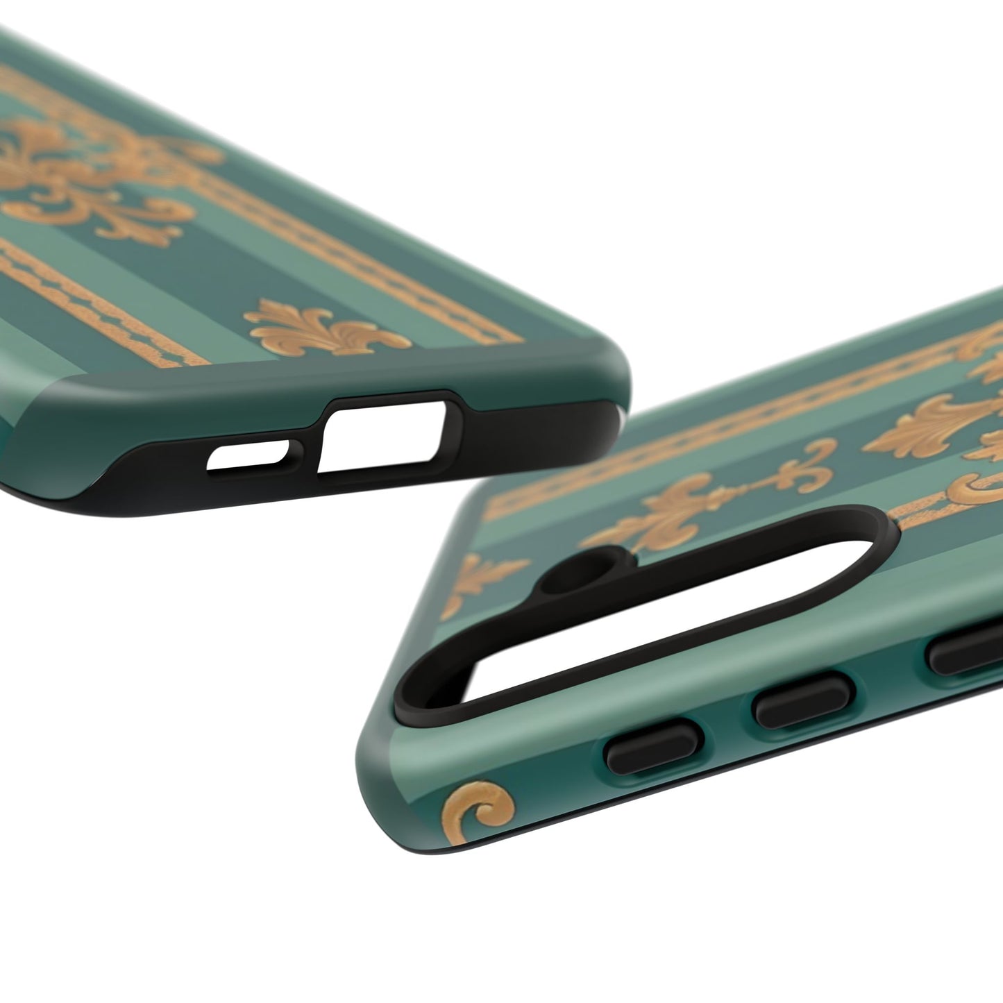 Elegant Floral Motif Phone Case - Tough Cases with Vintage Design - Teal Striped Gold Damask