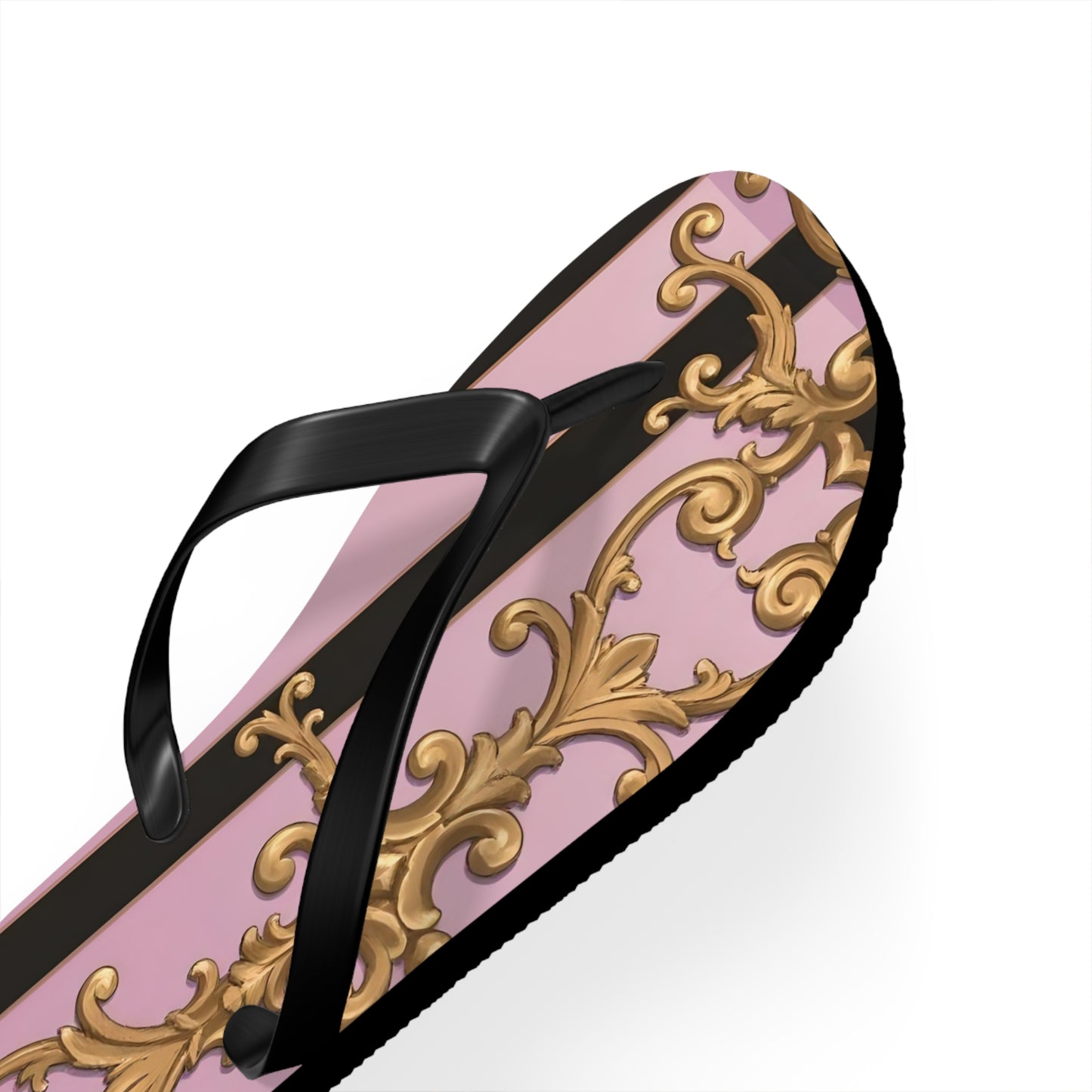 Chic Floral Flip Flops, Summer Sandals, Beach Footwear, Vacation Style, Poolside Essentials - Matte Lavender & Black Striped Gold Baroque
