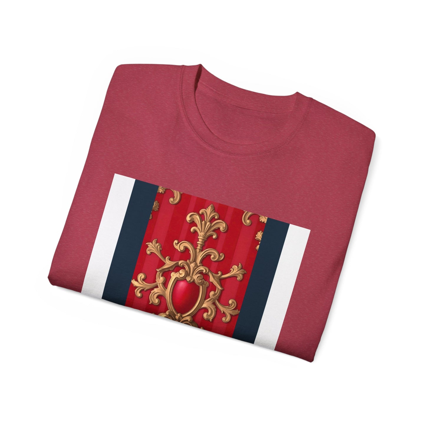 Regal Red Baroque T-Shirt, Artistic Tee, Gift for Art Lovers, Fashionable Statement Shirt, Unique Graphic Top - Blue, Red & White Striped Baroque
