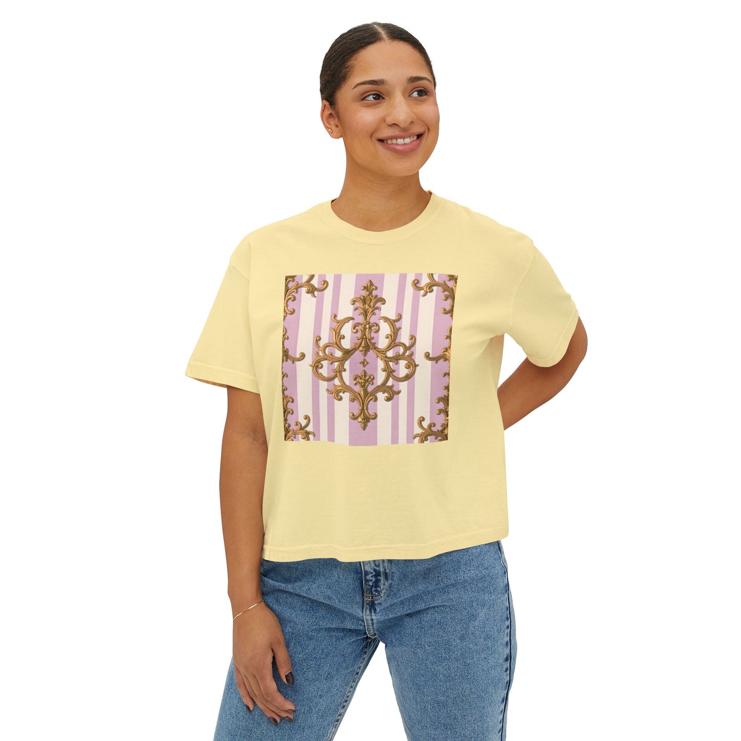 Chic Baroque Women's Boxy Tee, Stylish Cropped T-Shirt, Casual Top, Summer Boxy Tee, Baroque Print Shirt - Lilac & Alabaster Striped Gold Baroque