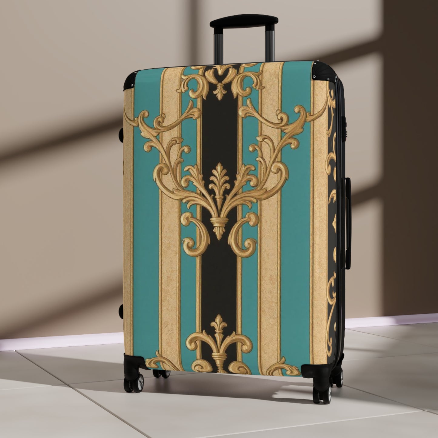 Stylish Black, Tan & Ocean Green Striped Gold Baroque Travel Suitcase, Luggage for Adventurers, Unique Gift for Travelers, Vintage Design