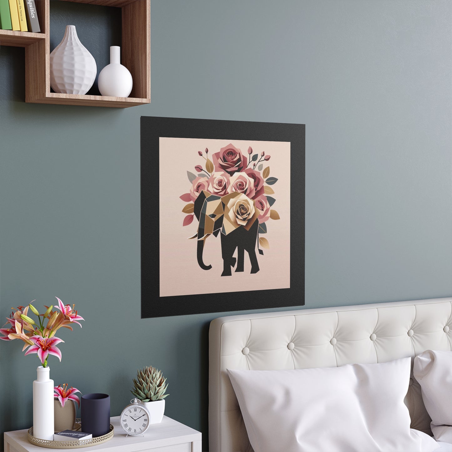 Elegant Floral Silk Poster - Indoor/Outdoor Wall Art for Home Decor - Black & Gold Elephant & Roses