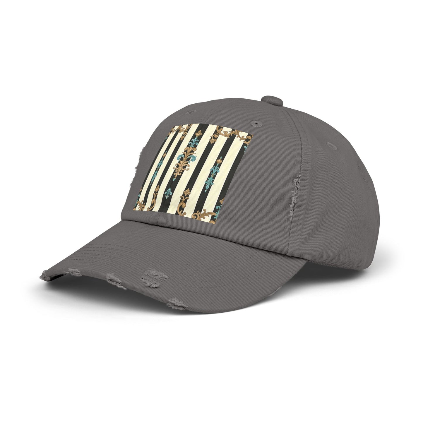 Trendy Distressed Cap for Fashion Lovers, Casual Cap, Gift for Him, Gift for Her - Black Striped Turquoise & Black Rococo