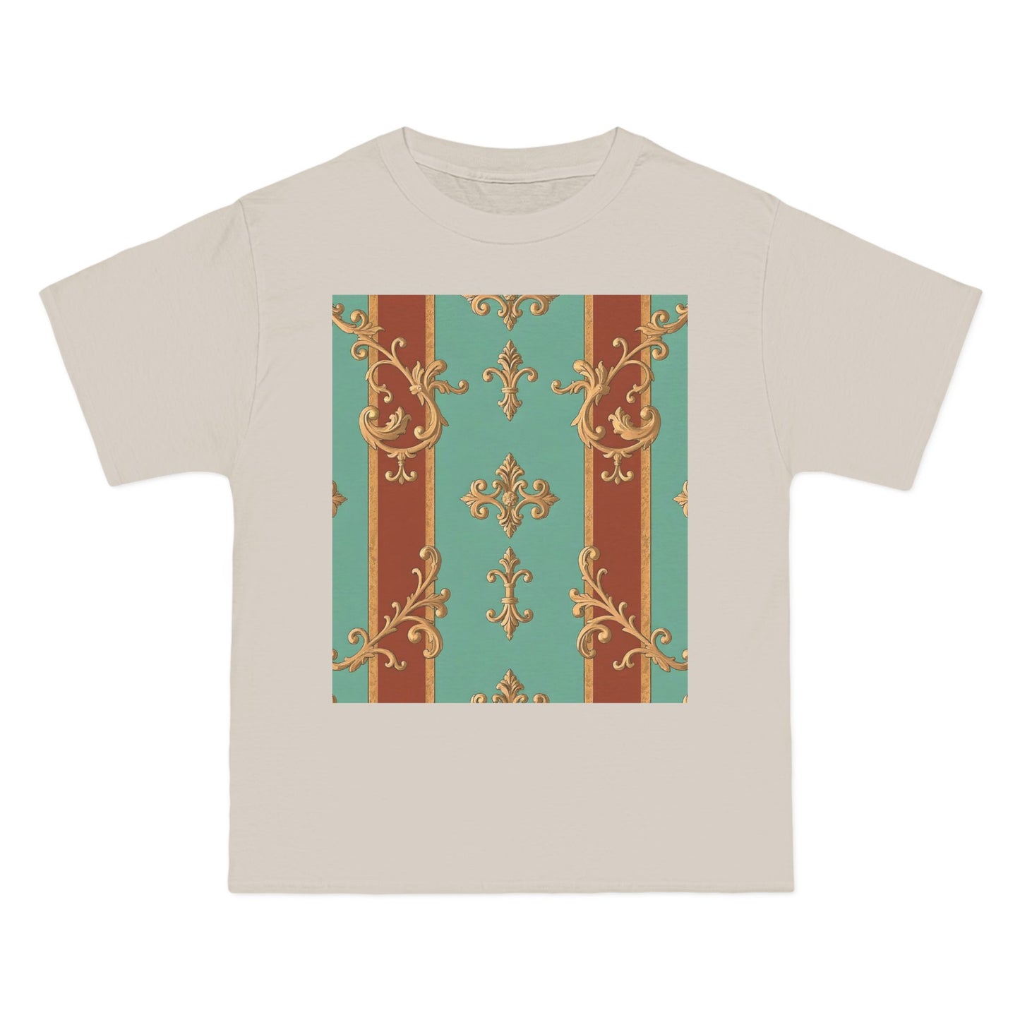 Elegant Vintage Patterned T-Shirt | Vintage Style Tee, Casual Wear, Retro Aesthetic - Rust & Mint Aqua Striped Baroque