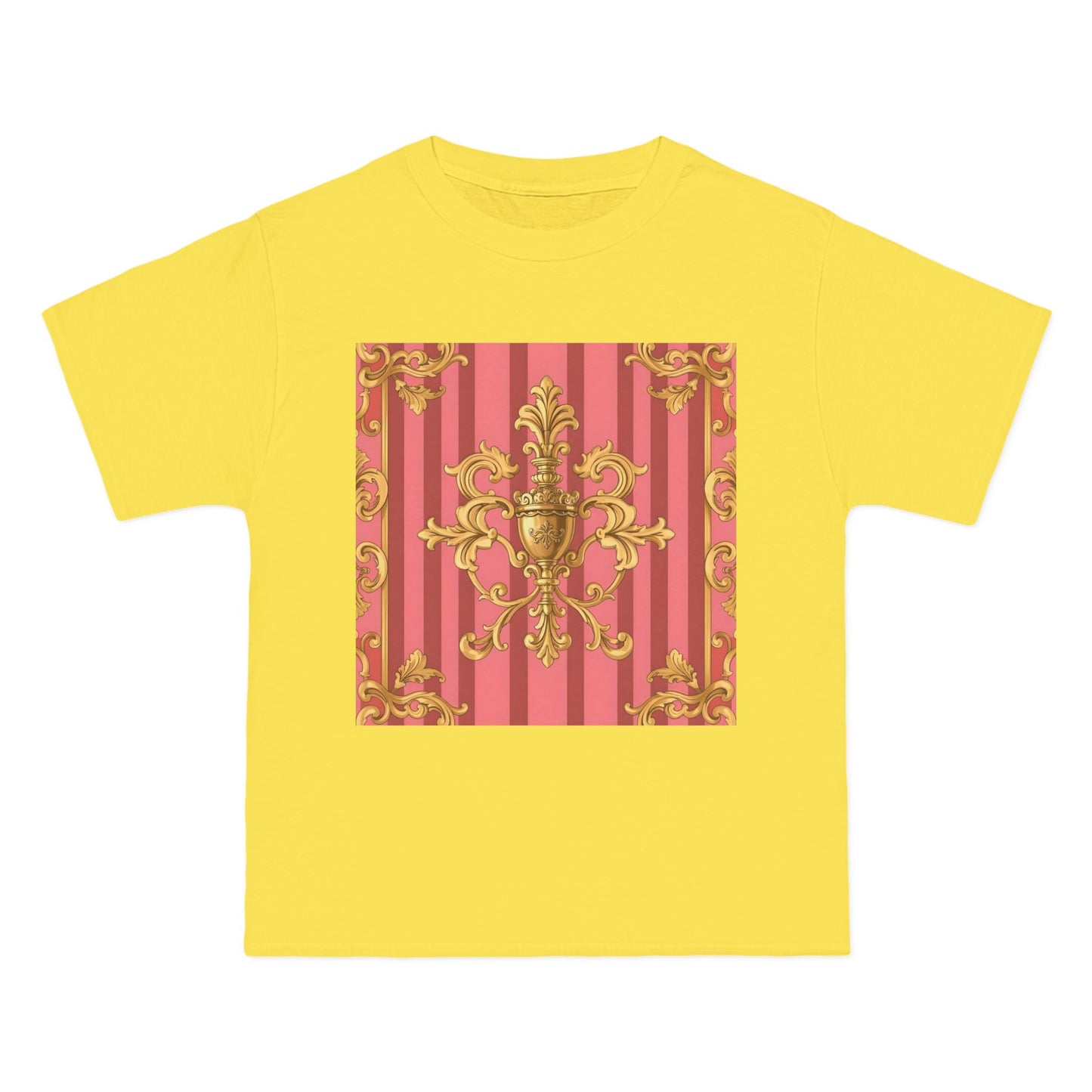 Chic Vintage Style Short-Sleeve T-Shirt - Elegant Baroque Design | Fashion Top, Gift for Her, Casual Wear - Pink Striped Gold Baroque